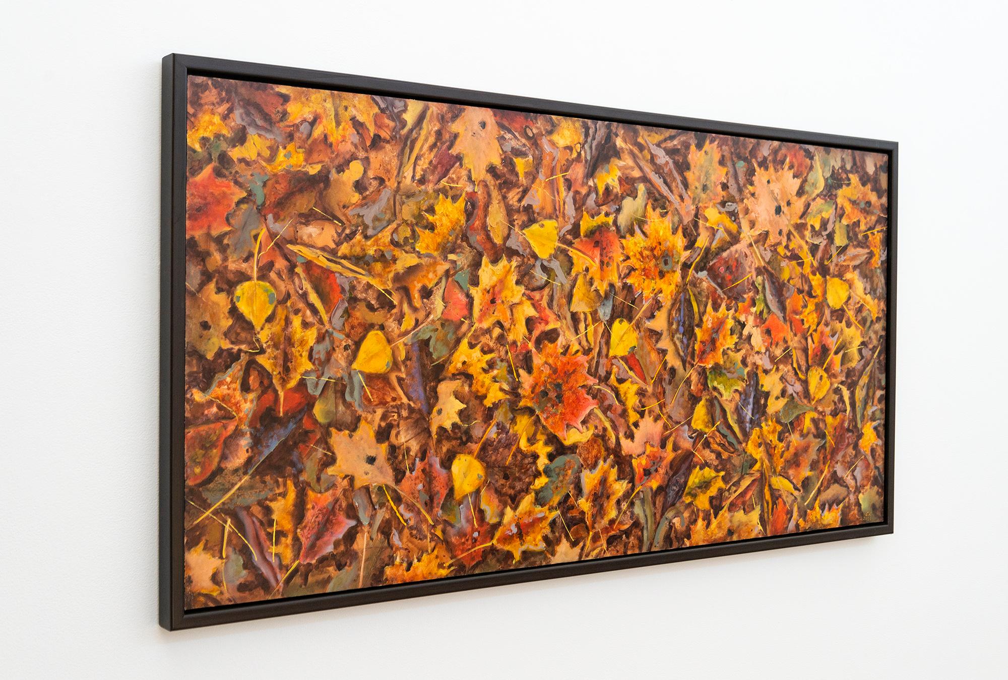 Titelbild Oktober - zeitgenössisch, realistisch, Blätter, Landschaft, Öl auf Karton (Braun), Landscape Painting, von Ciba Karisik