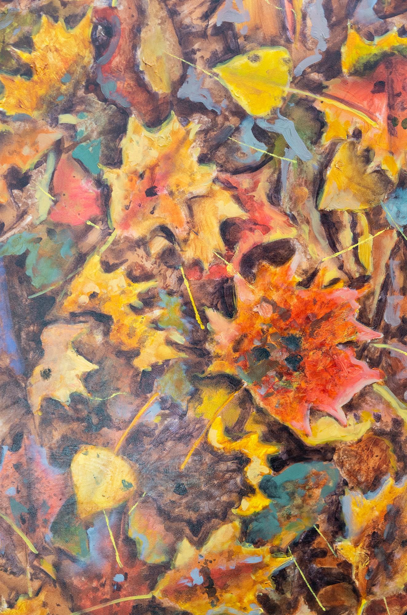 Titelbild Oktober - zeitgenössisch, realistisch, Blätter, Landschaft, Öl auf Karton im Angebot 1