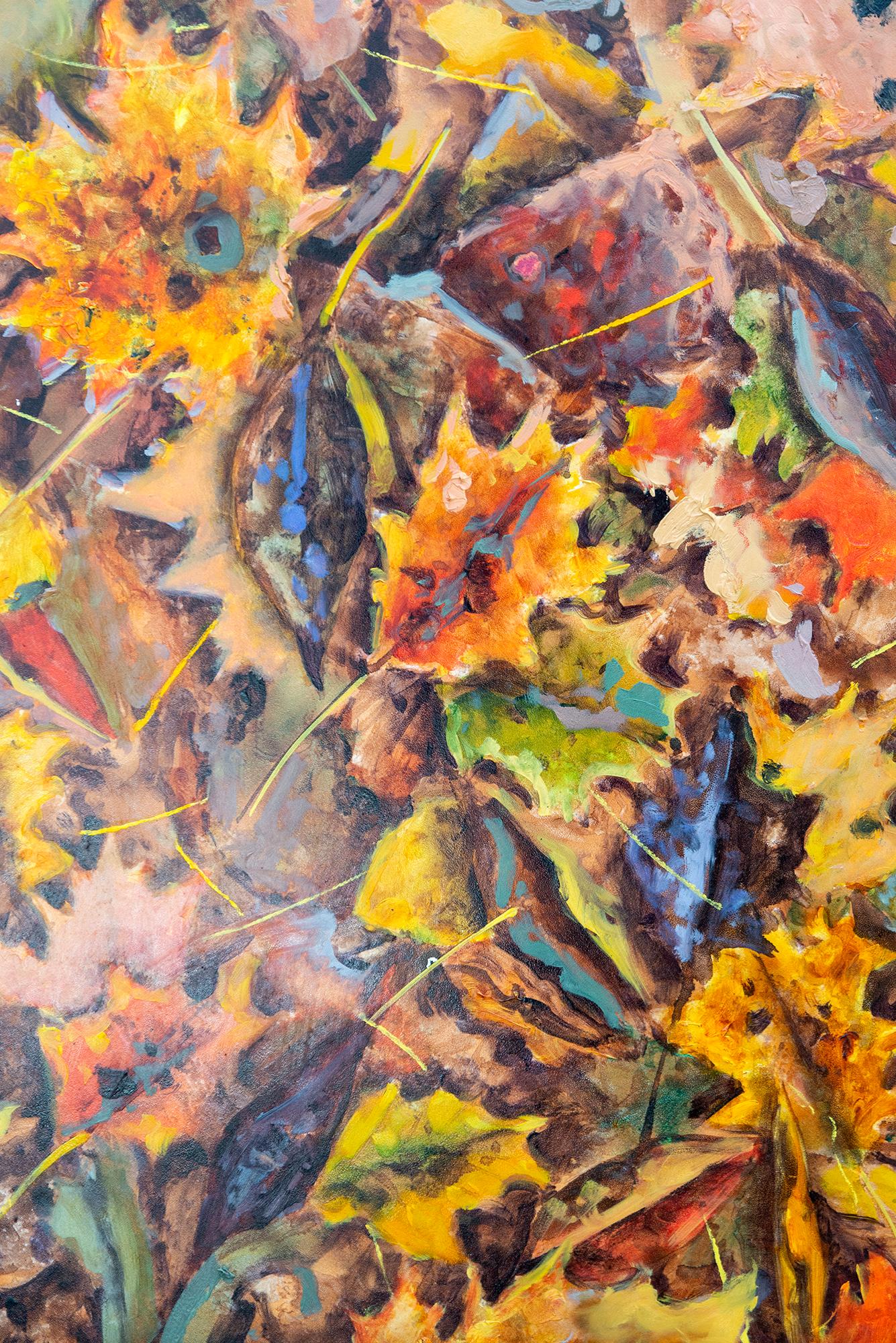 Titelbild Oktober - zeitgenössisch, realistisch, Blätter, Landschaft, Öl auf Karton im Angebot 2