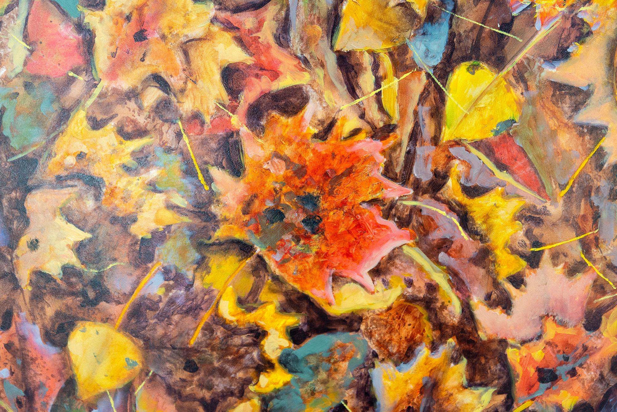 Titelbild Oktober - zeitgenössisch, realistisch, Blätter, Landschaft, Öl auf Karton im Angebot 3