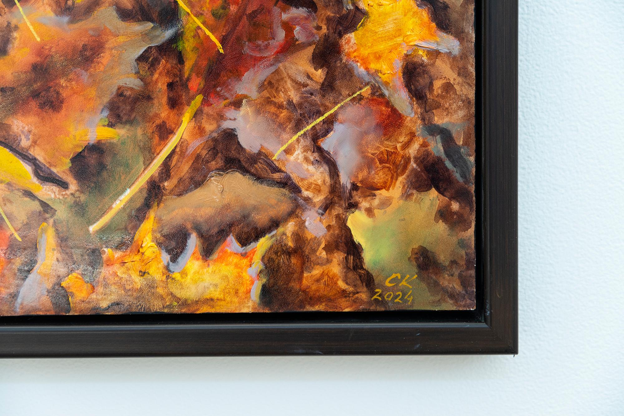 Titelbild Oktober - zeitgenössisch, realistisch, Blätter, Landschaft, Öl auf Karton im Angebot 4