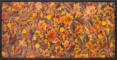 La copertina di ottobre - contemporaneo, realista, foglie, paesaggio, olio su tavola
