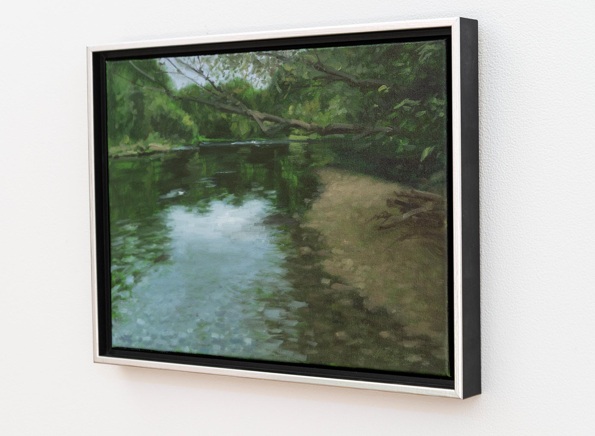 Dieses Landschaftsgemälde in Acryl fängt einen friedlichen Fluss ein.

In diesem Werk von Ciba Karisik in Acryl und Kohle erweckt der kanadische Künstler ein fast greifbares Gefühl der Stille eines Flusses, der in die Ferne fließt.
Die spiegelnde