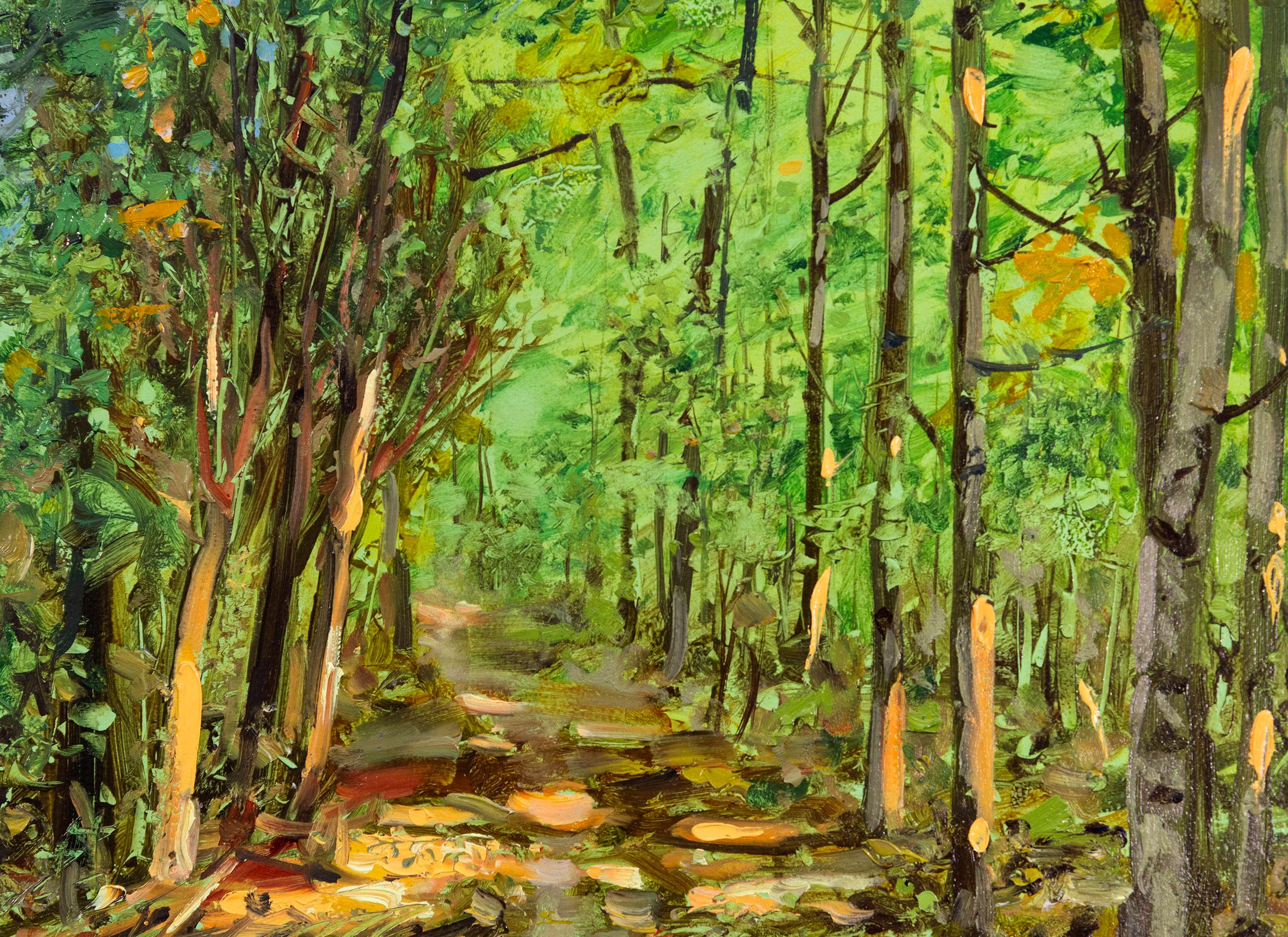 Road Less Taken - zeitgenössisch, Realismus, Baum, Landschaft, Öl auf Karton im Angebot 3