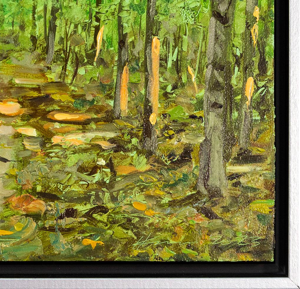 Road Less Taken - zeitgenössisch, Realismus, Baum, Landschaft, Öl auf Karton im Angebot 4