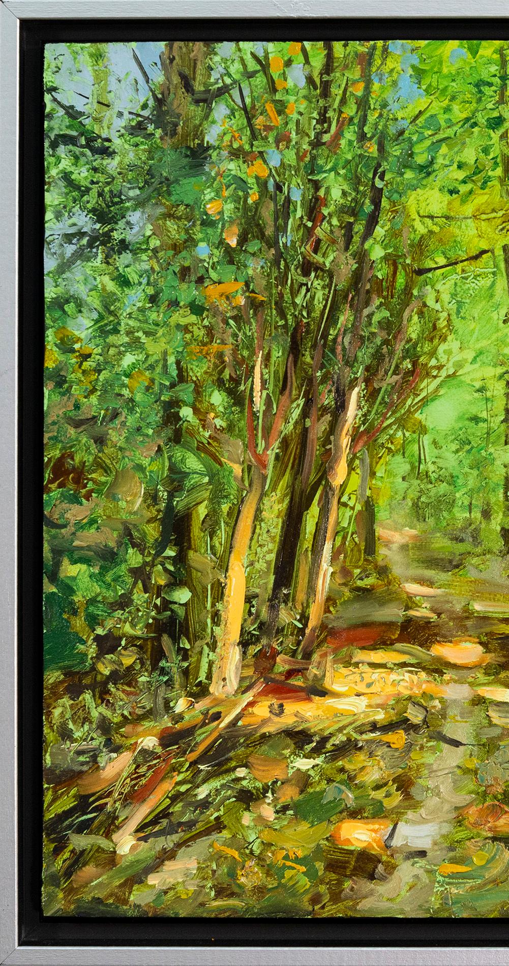 Road Less Taken - zeitgenössisch, Realismus, Baum, Landschaft, Öl auf Karton im Angebot 5