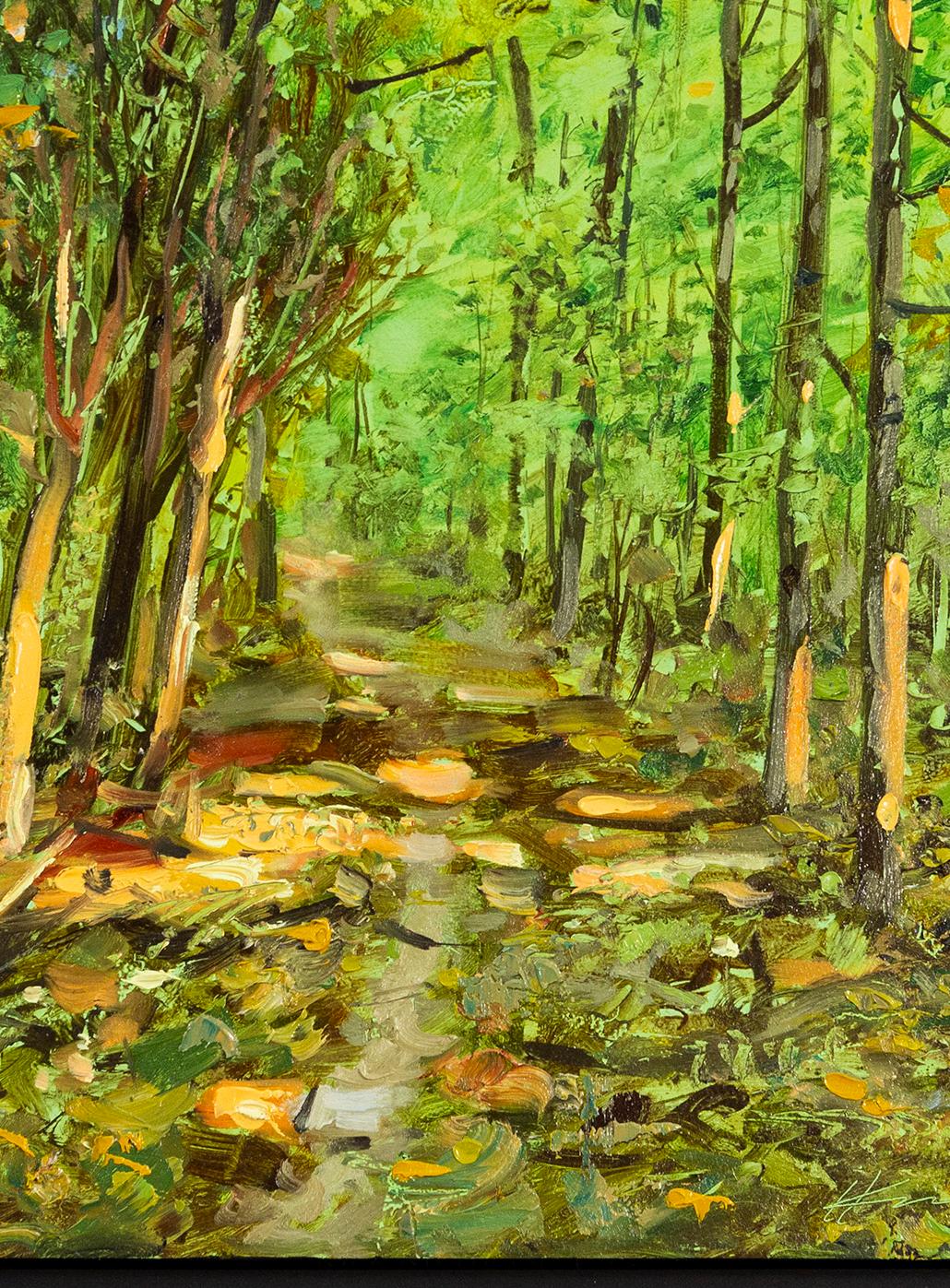 Road Less Taken - zeitgenössisch, Realismus, Baum, Landschaft, Öl auf Karton im Angebot 6