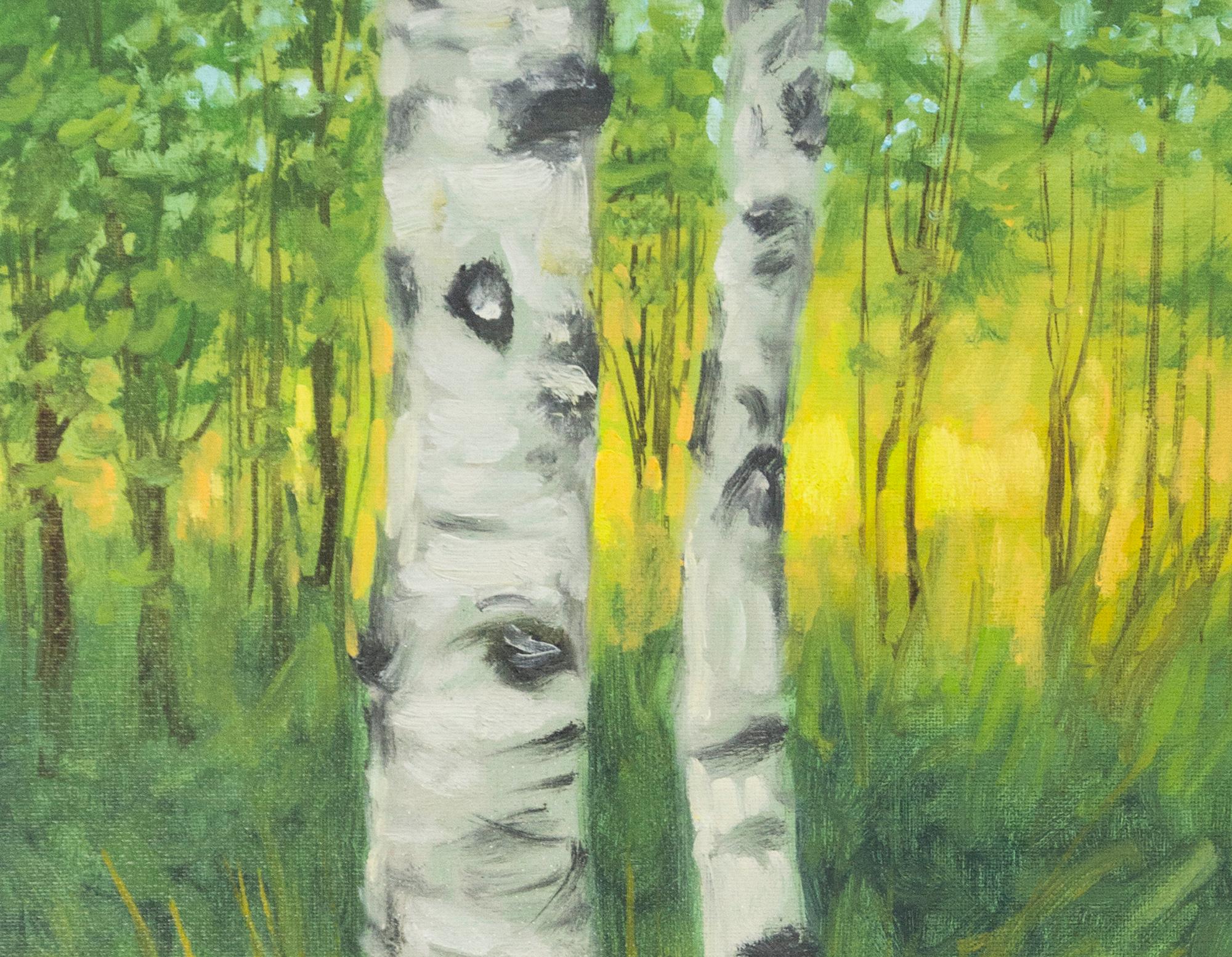 Cette peinture de paysage à l'huile représentant des bouleaux est réalisée par Ciba Karisik.

Les troncs majestueux de deux bouleaux adultes se dressent en sentinelles et attirent le regard du spectateur dans cette représentation réaliste d'une