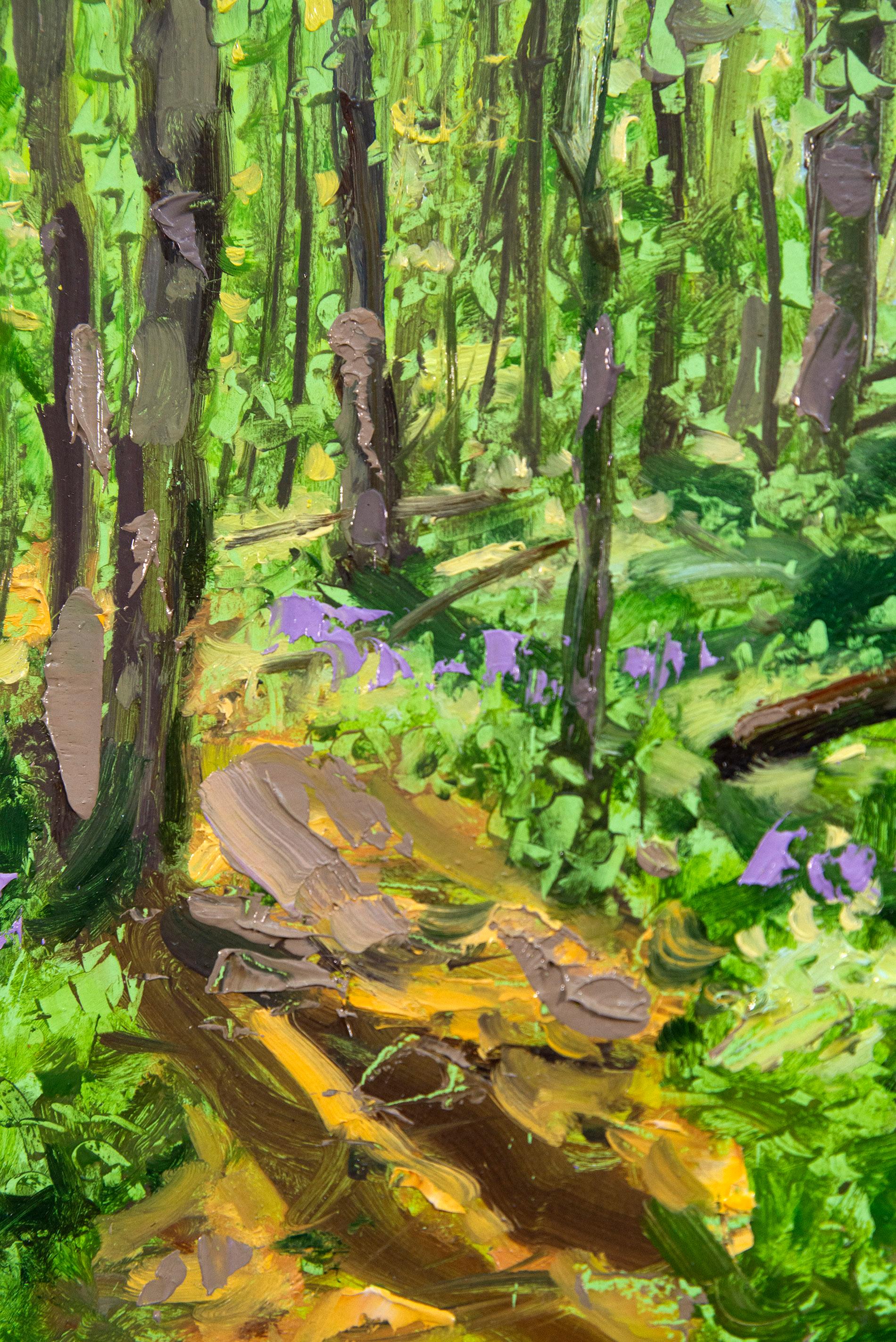 Sendero de Primavera - contemporáneo, realismo, árbol, paisaje, óleo sobre tabla en venta 2
