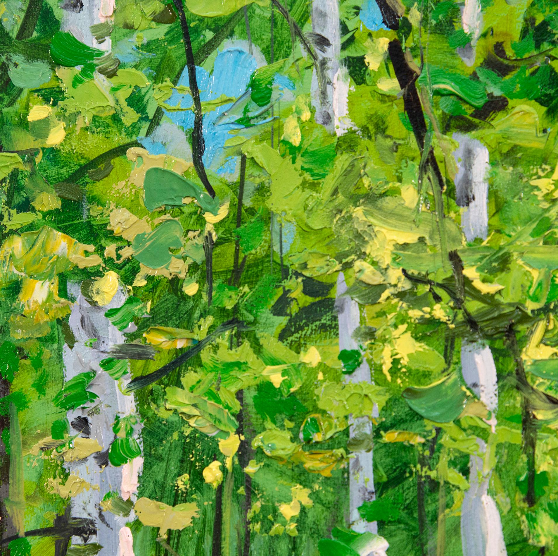 Un grupo de abedules, con su característica corteza blanca sobre un fondo verde. Este es el trabajo de Ciba Karisik. Es conocido por sus retratos de gran realismo, tanto del mundo exterior como del interior. Este precioso óleo está pintado en una
