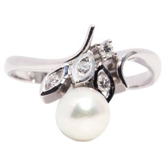 Circa 1970s Diamond and White Akoya Pearl Vintage Leaf Ring in 18 Carat Gold