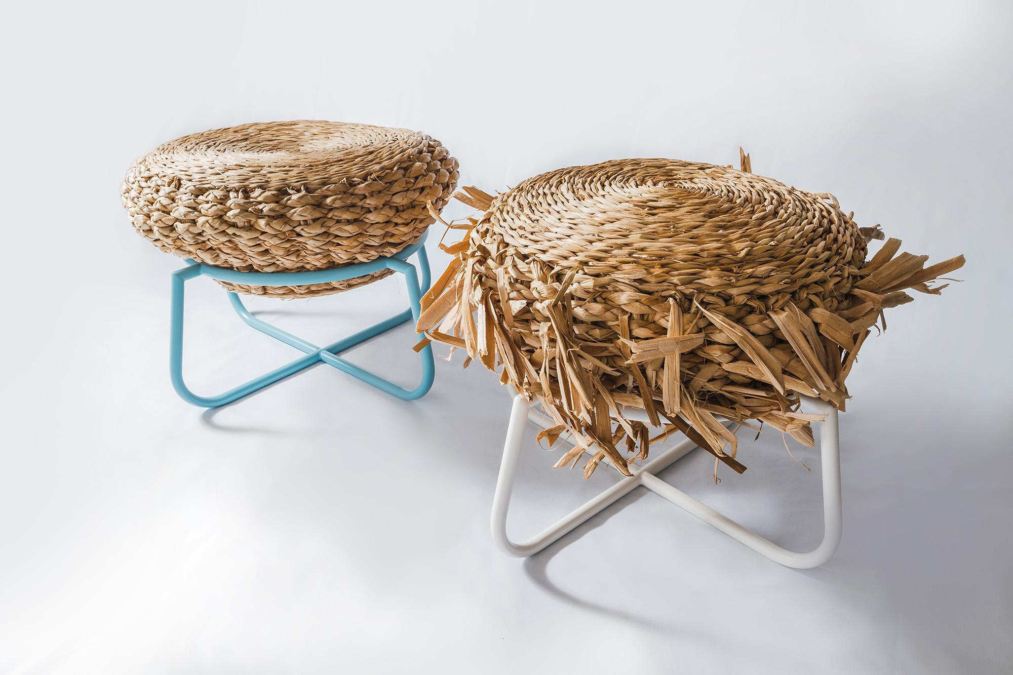 Painted Ciça Stool, Artisan Taboa Straw Fiber Puff from Brazil For Sale