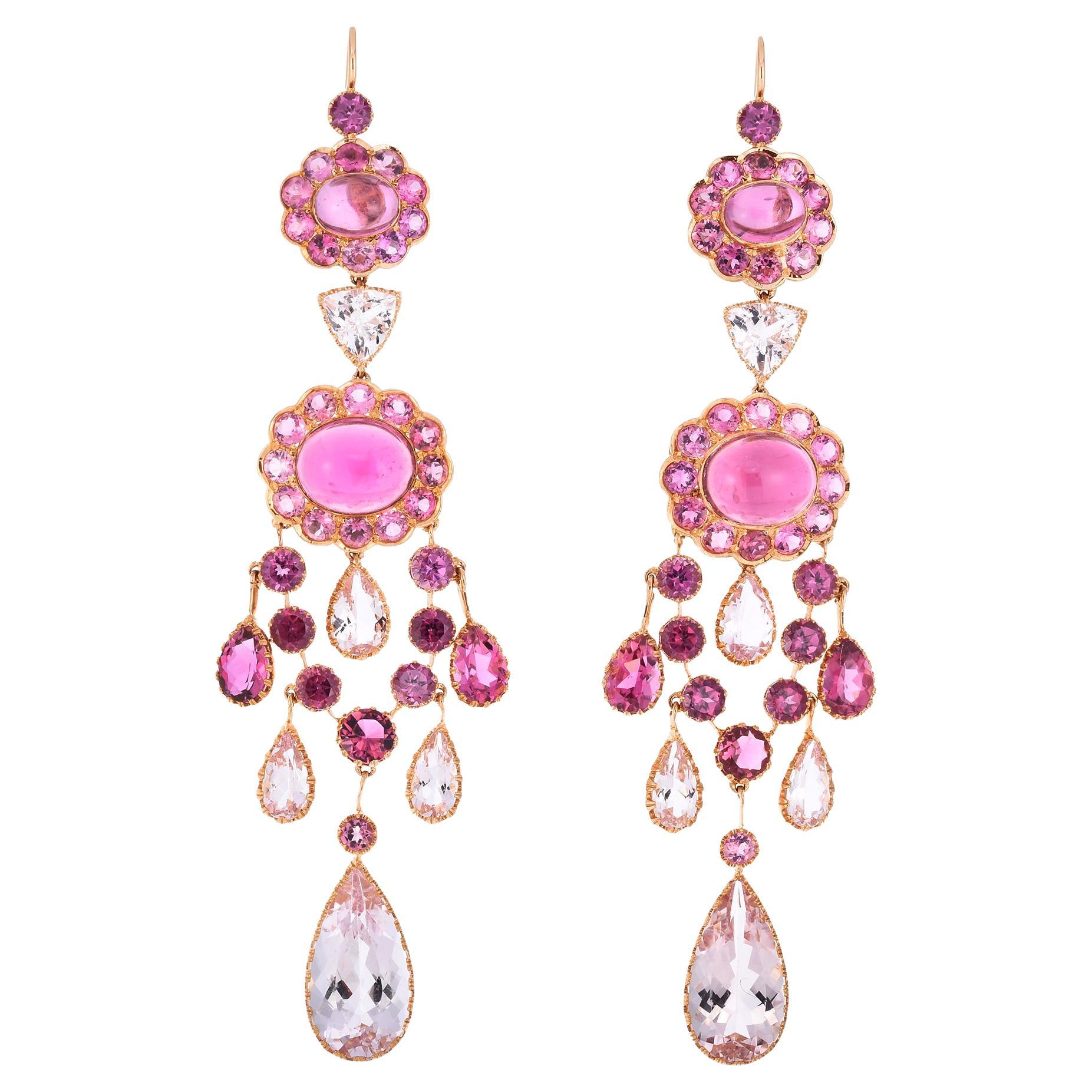 Cicada 18k Gold Pink Tourmaline Chandelier Earrings For Sale