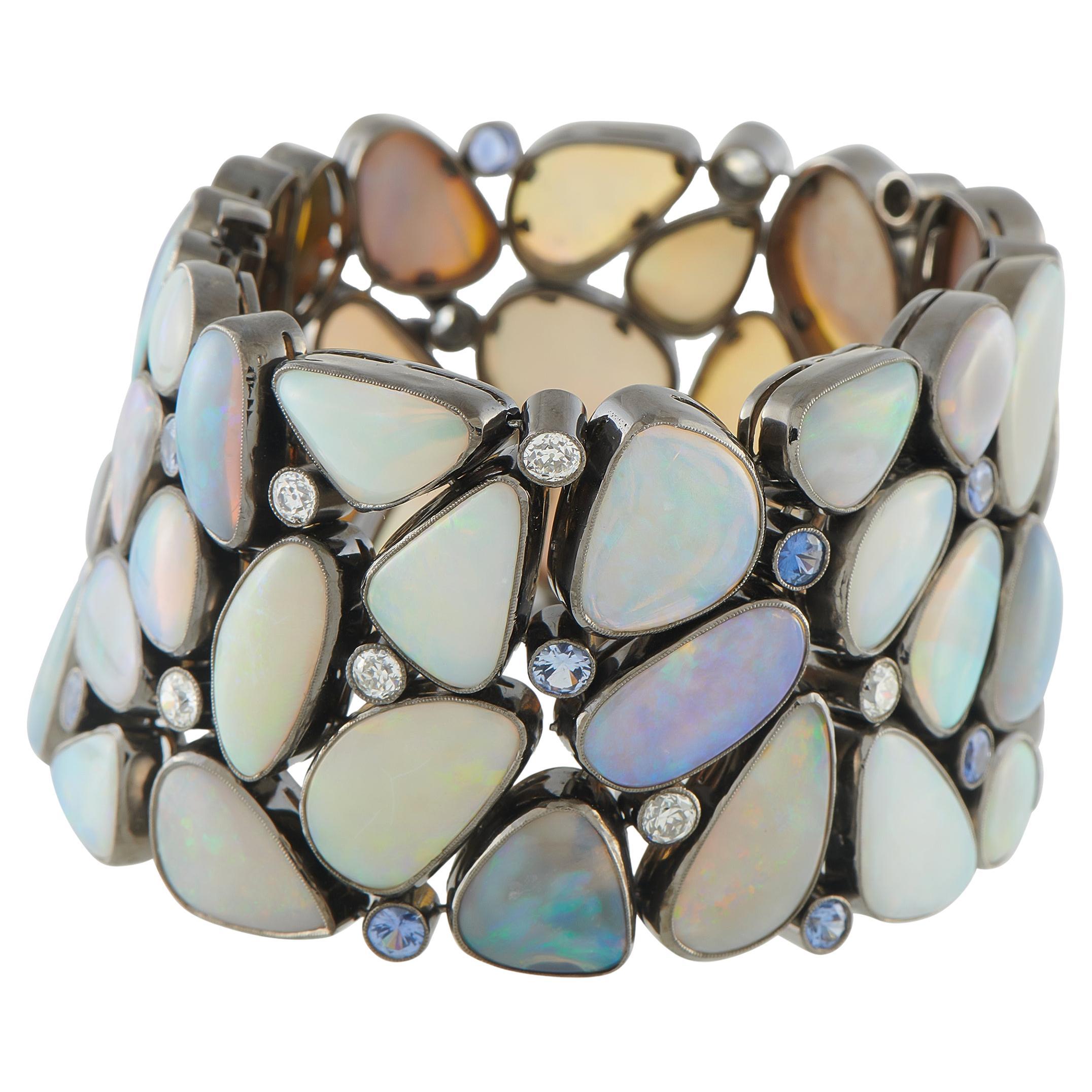 Cicada 18K White Gold 2.76ct Diamond, Opal, and Sapphire Bracelet CI10-012926