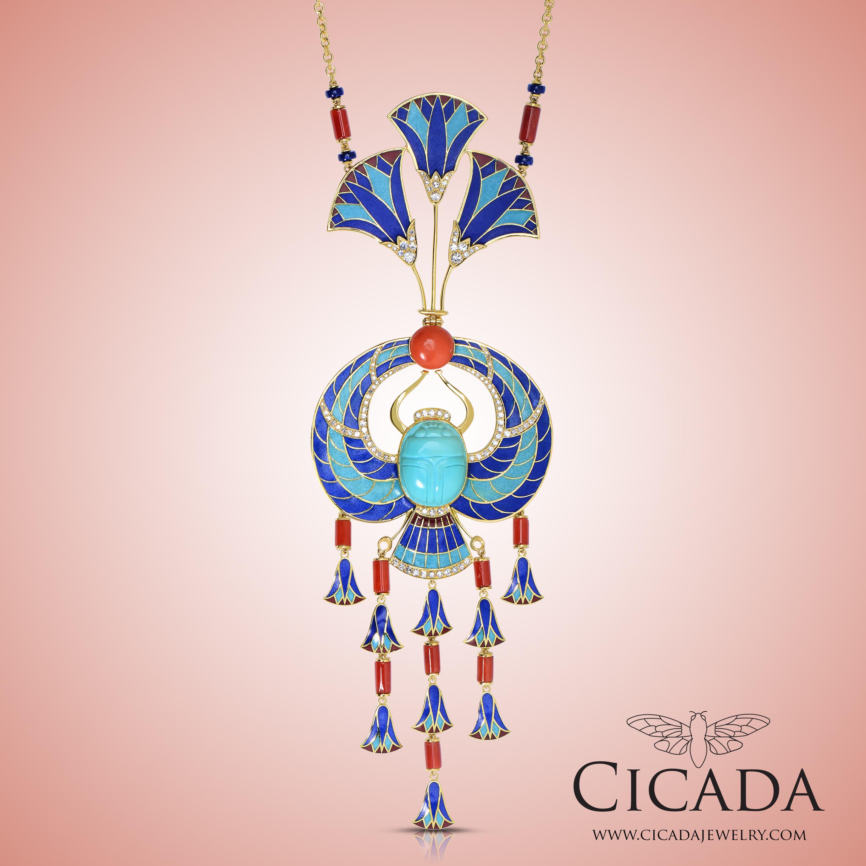 Part of the Egyptian Revival Collection by Cicada Jewelry, this beautiful gold 18k Yellow Gold Necklace features a hand carved turquoise center, with corals and highlighted by single cut diamonds. This necklace features enamel work in a matte