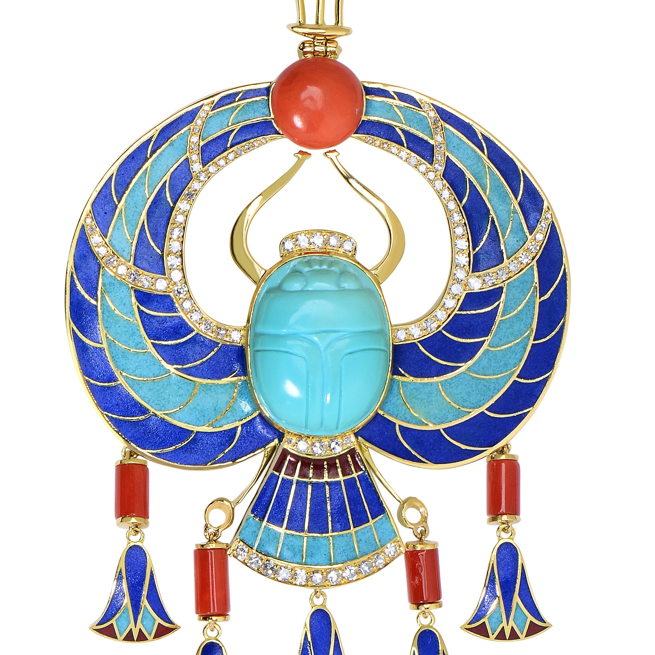 Cicada Egyptian Revival Turquoise, Coral and Diamond Enameled Gold Necklace In New Condition For Sale In New York, NY
