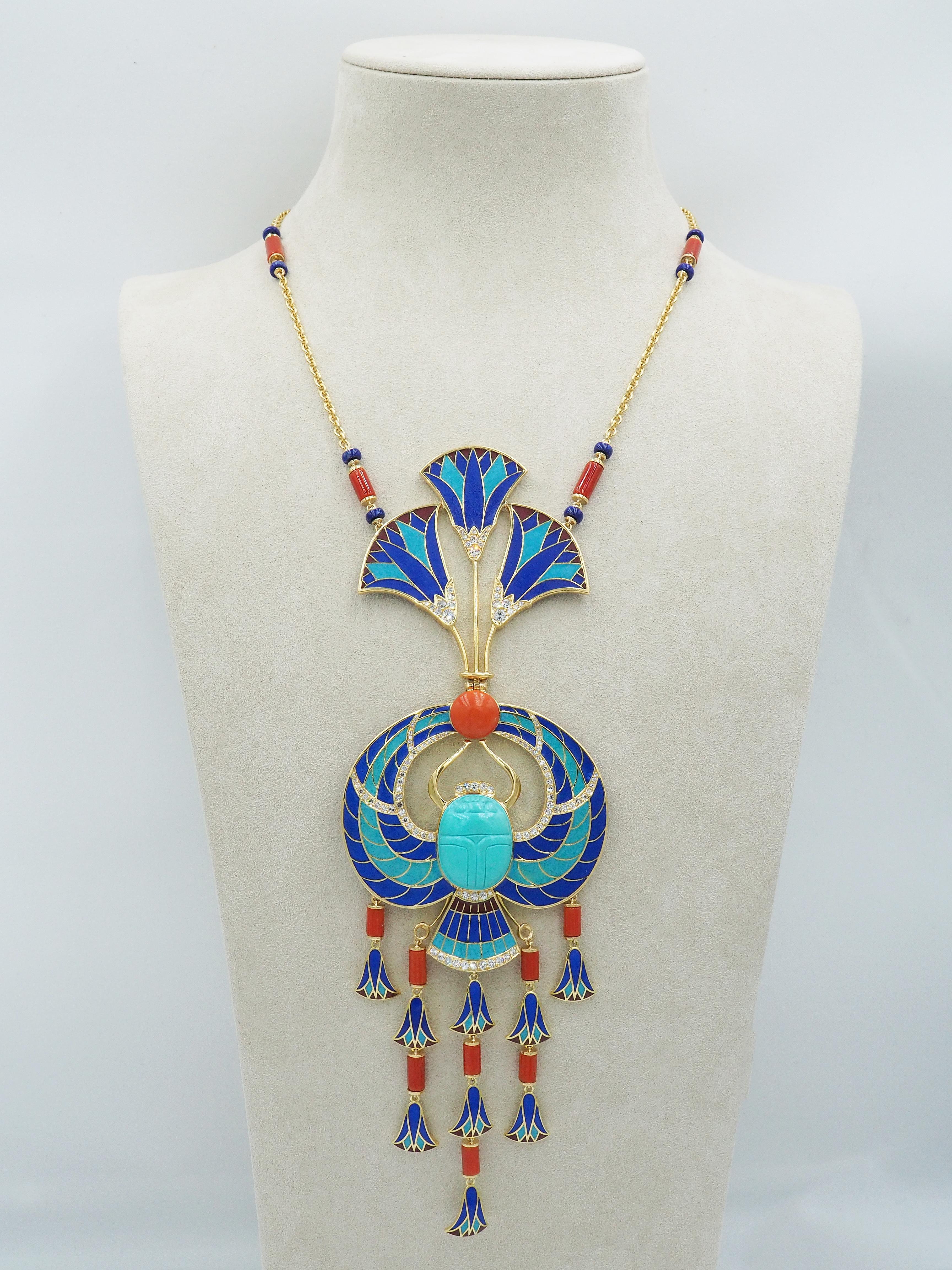 Women's or Men's Cicada Egyptian Revival Turquoise, Coral and Diamond Enameled Gold Necklace For Sale