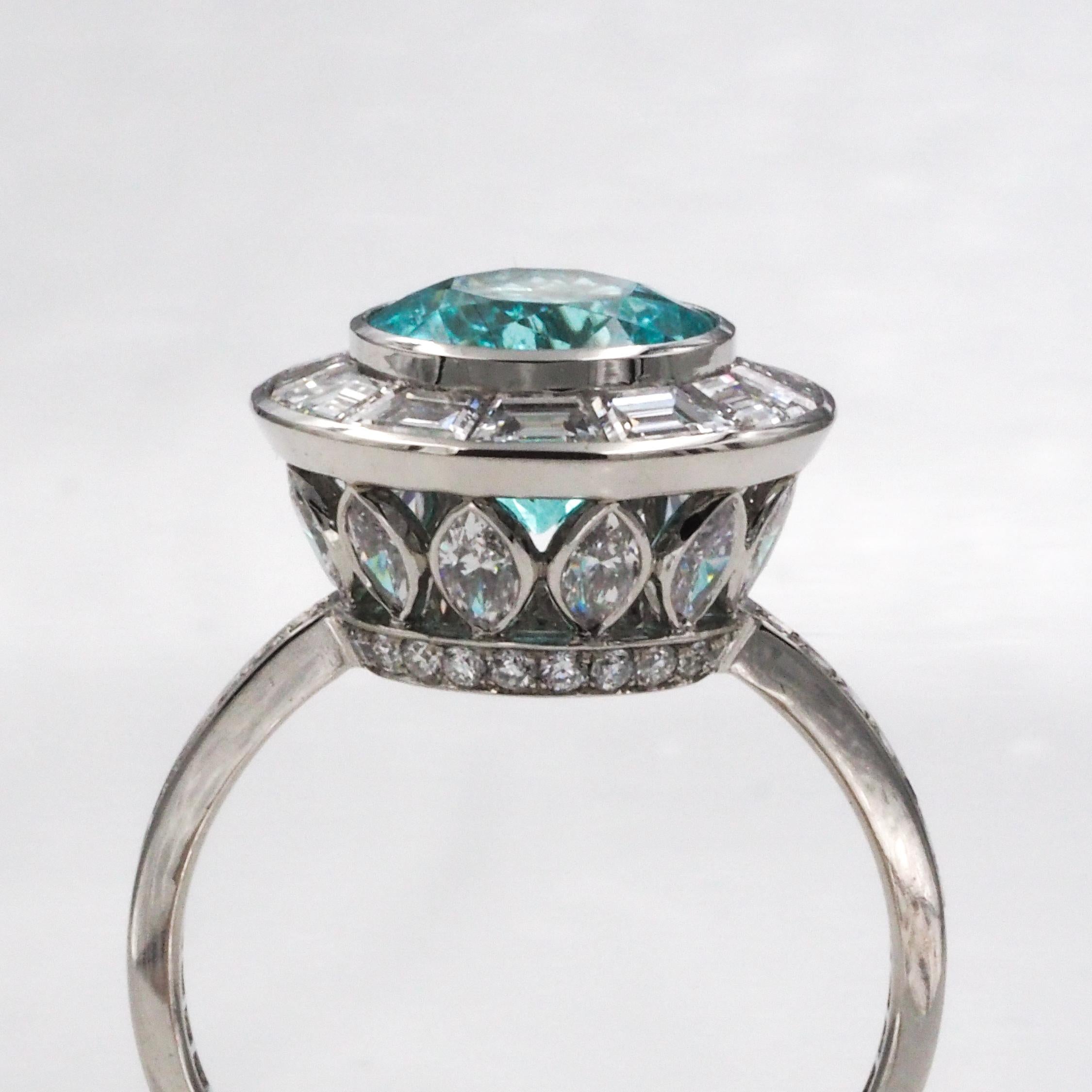 Cicada Paraiba and Diamond Platinum Cocktail Ring In New Condition In New York, NY