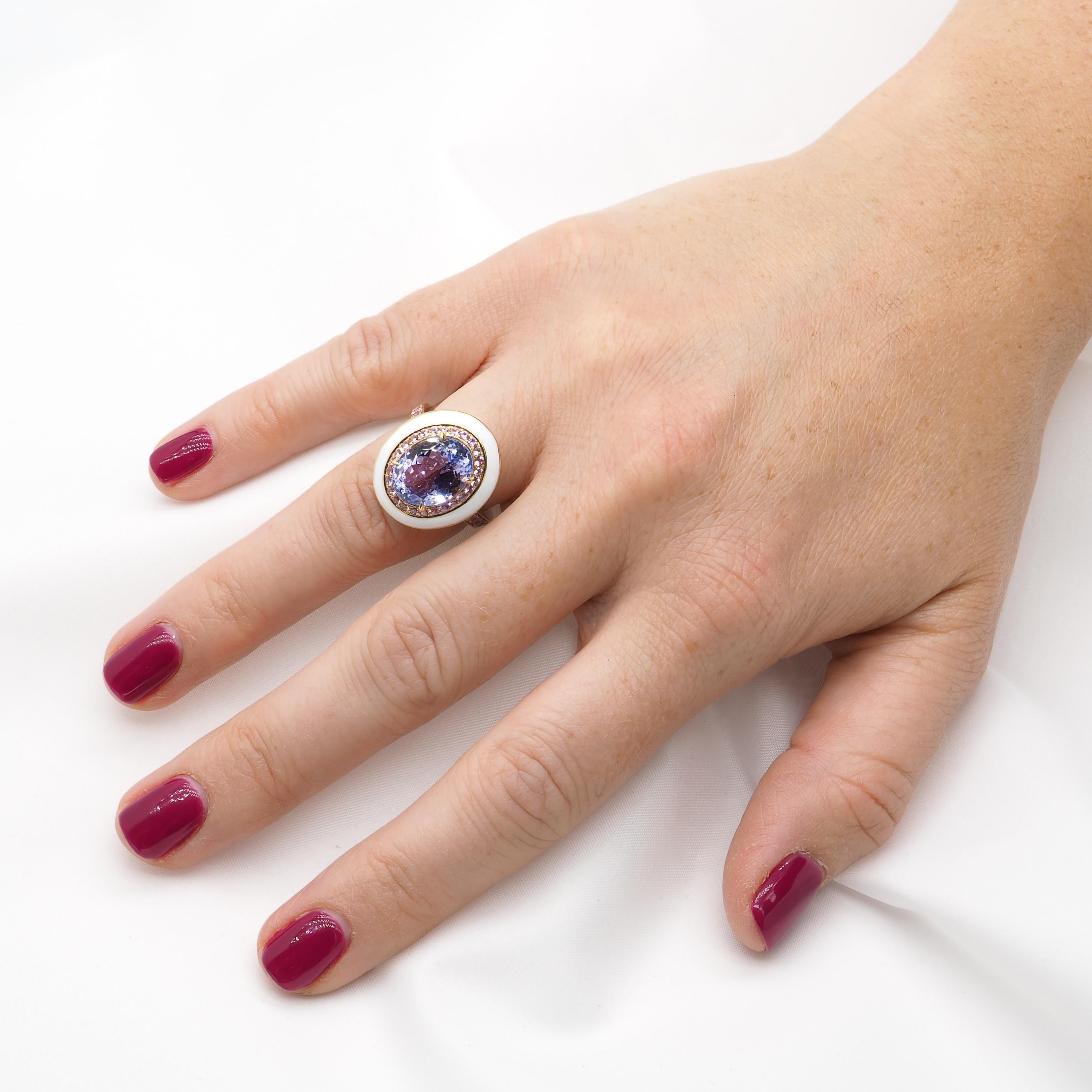 Cicada Tanzanite and Pink Sapphire Ceramic Enamel Gold Cocktail Ring In New Condition In New York, NY
