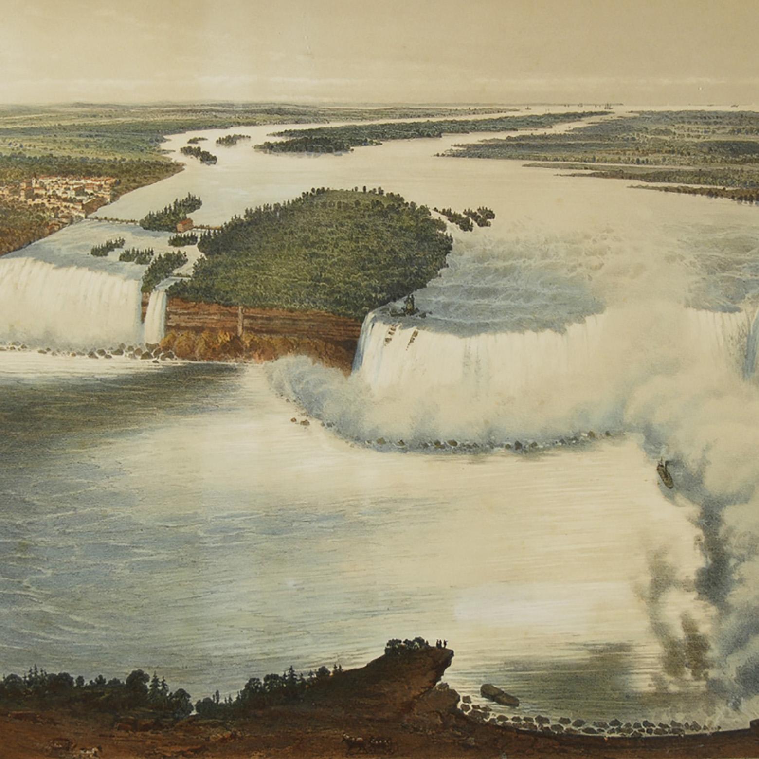 Eugène Ciceri (French, 1813–1890) Titled: Vue Generale du Niagara, after John Bachman's 1851 birds eye view of Niagara Falls; hand colored lithograph, published sometime after 1865 by E. Ciceri, plate No. 71.
Dimensions: 16 3/4 x 24 in.; Framed: 21