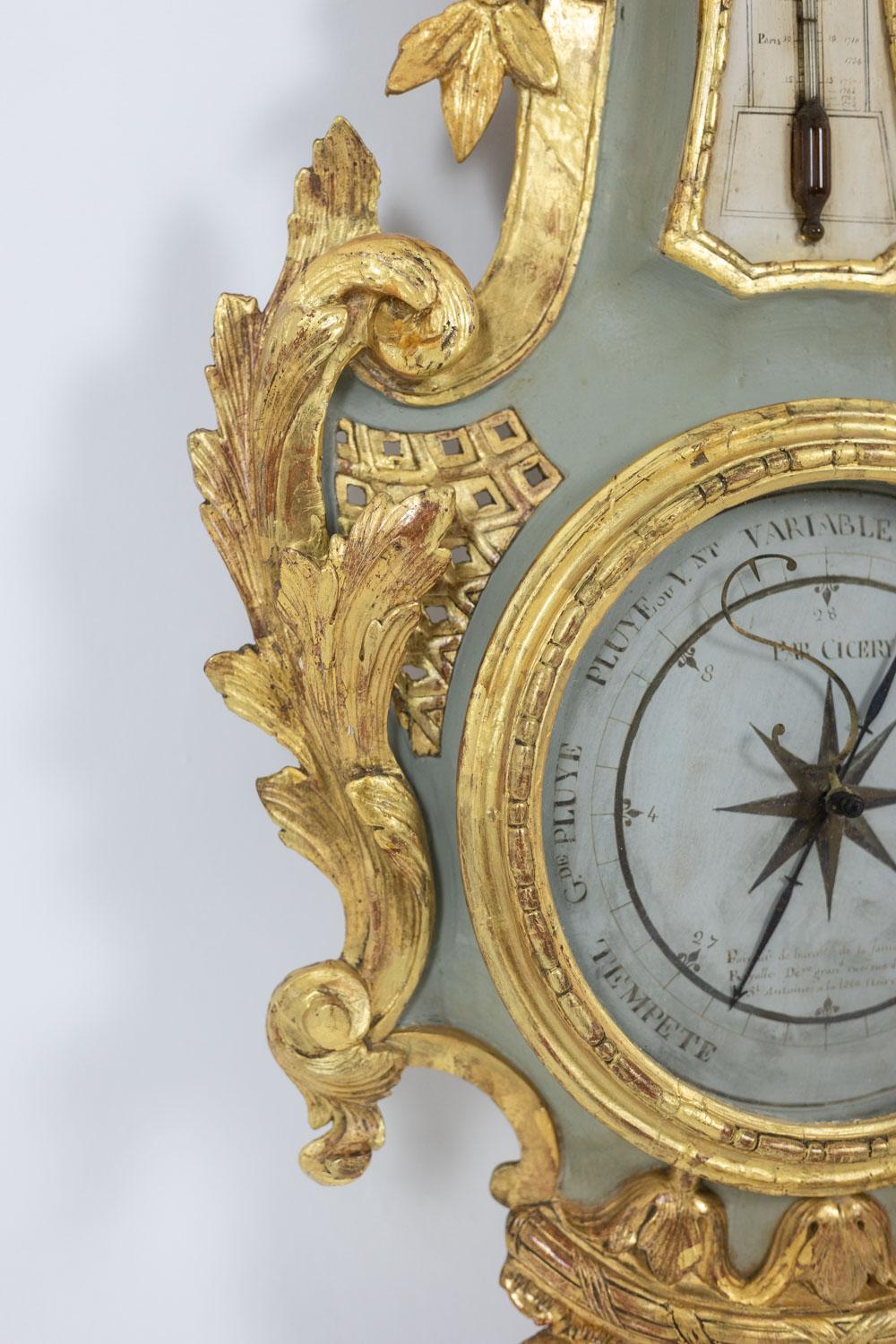 French Cicery. Barometer in carved and gilded wood. 18th century period.
