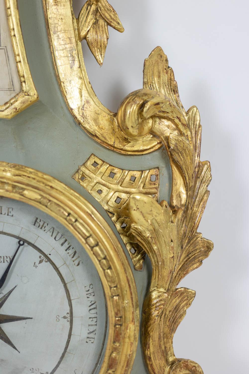 Cicery. Barometer in carved and gilded wood. 18th century period. In Excellent Condition In Saint-Ouen, FR