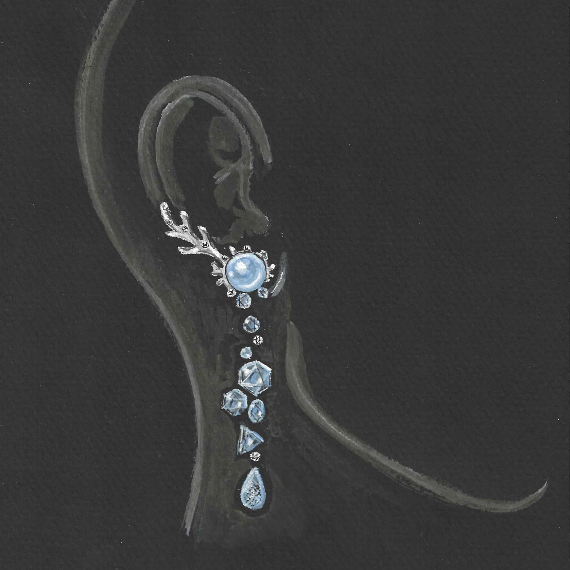 Ciclo Dell’acqua, 18k White Gold Earrings Set with Diamonds, Aquamarines, Pearls In New Condition For Sale In Montréal, Québec