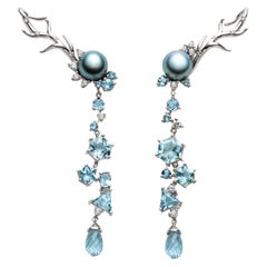 Ciclo Dell’acqua, 18k White Gold Earrings Set with Diamonds, Aquamarines, Pearls