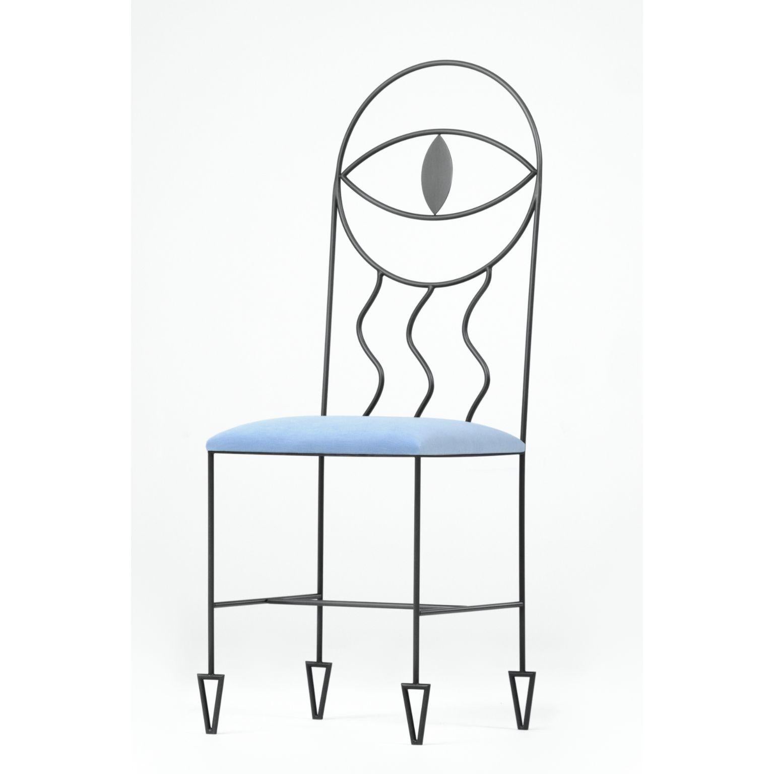 Ciclope Chair With Cushion by Qvinto Studio
Unique Piece. Handmade.
Dimensions: D 40 x W 40 x H 114 cm.
Materials: stainless steel and wool.

The eye, which we find here at the apex of the Ciclope (meaning Cyclops), is
inspired by the
