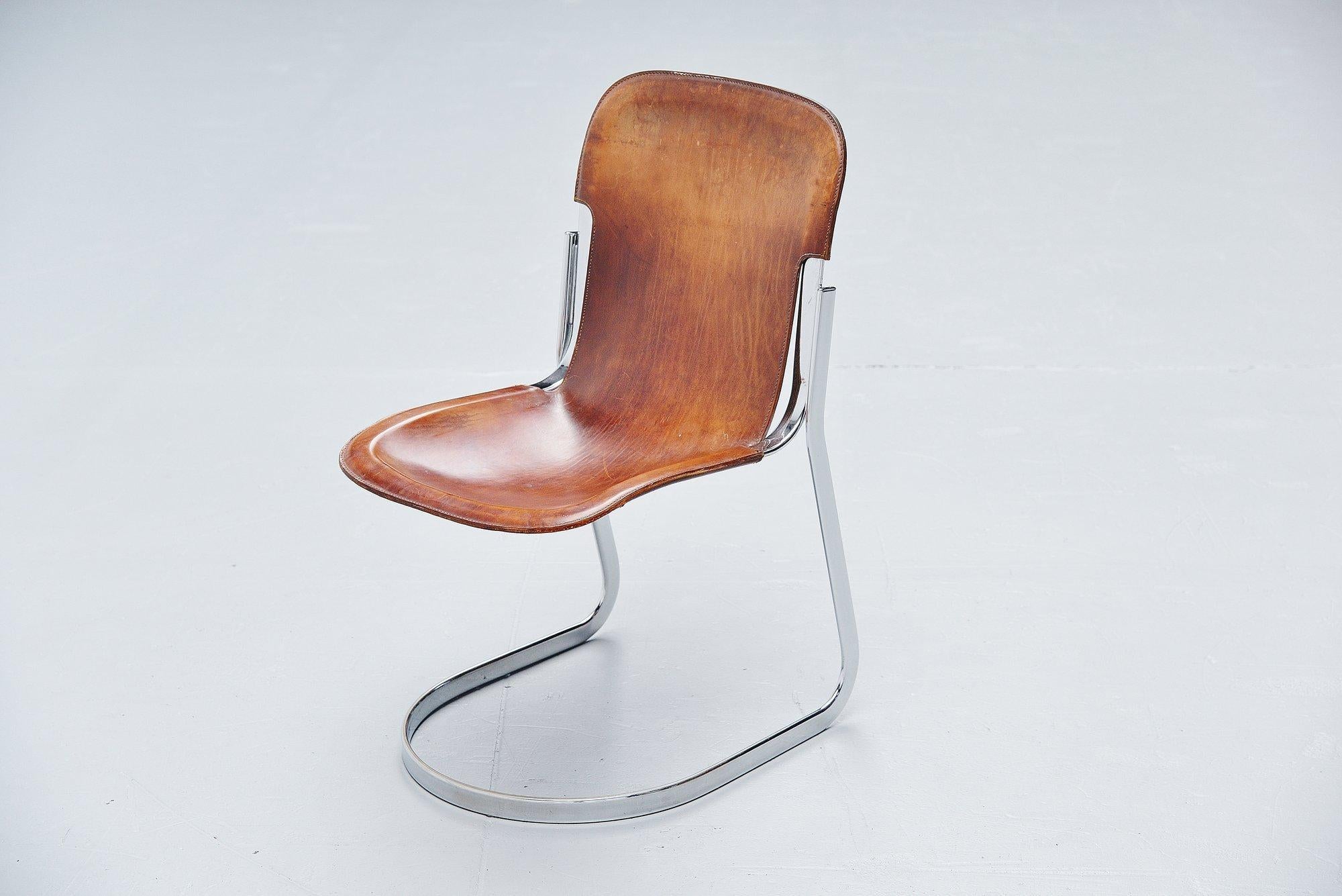 Plated Cidue C2 Dining Chairs in Brown Leather Italy 1970