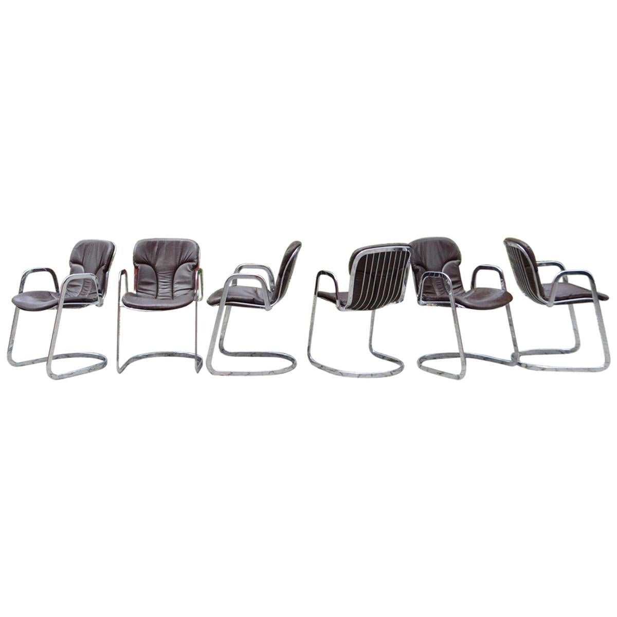 Cidue Dining Armchairs Chairs Design by Willy Rizzo Set of 6 Chrome and Leather