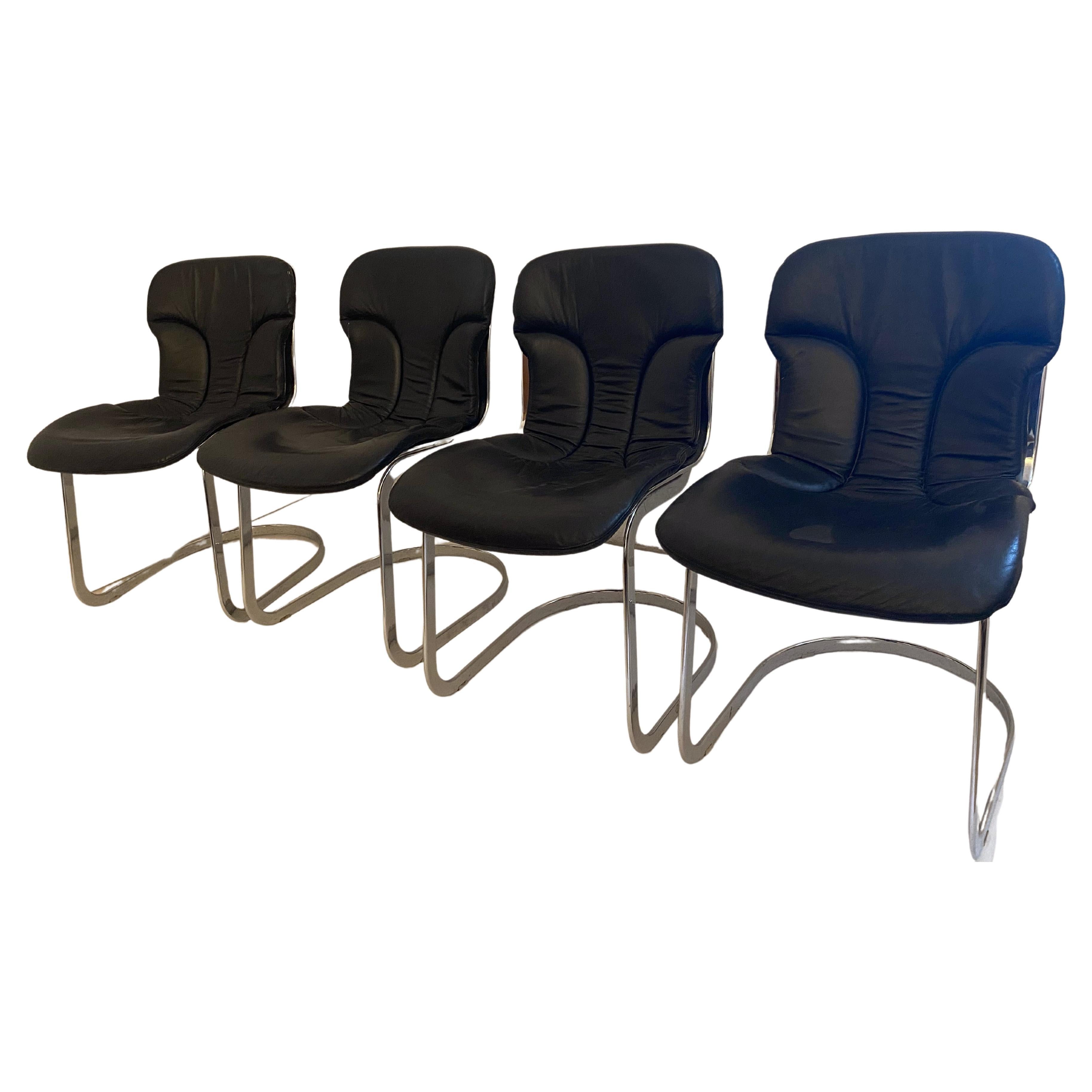 Cidue Dining Chairs Designed by Willy Rizzo Set of 4 Chrome and Black Leather