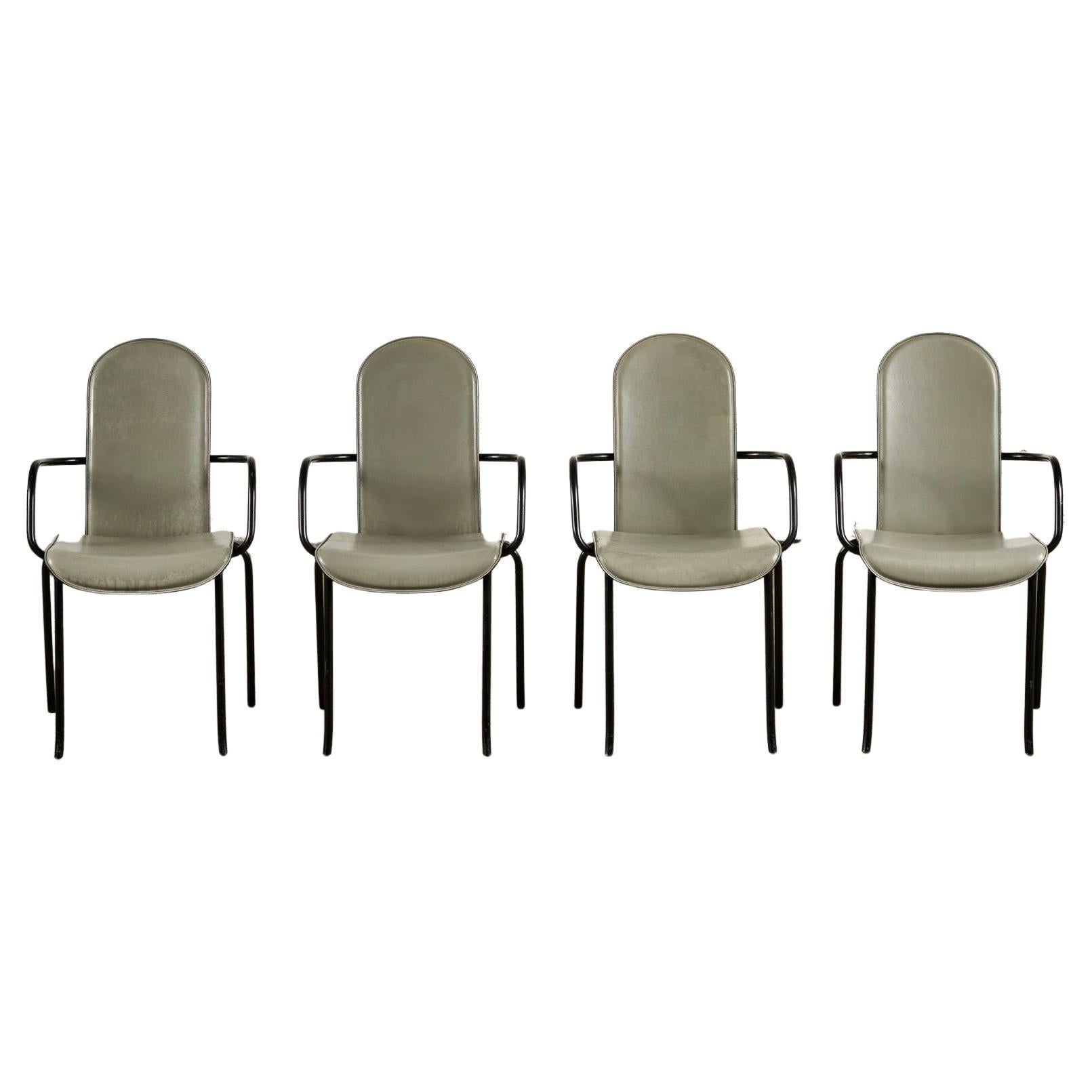 Cidue Italian Grey Leather and Steel Dining Chairs, by Giorgio Cattelan