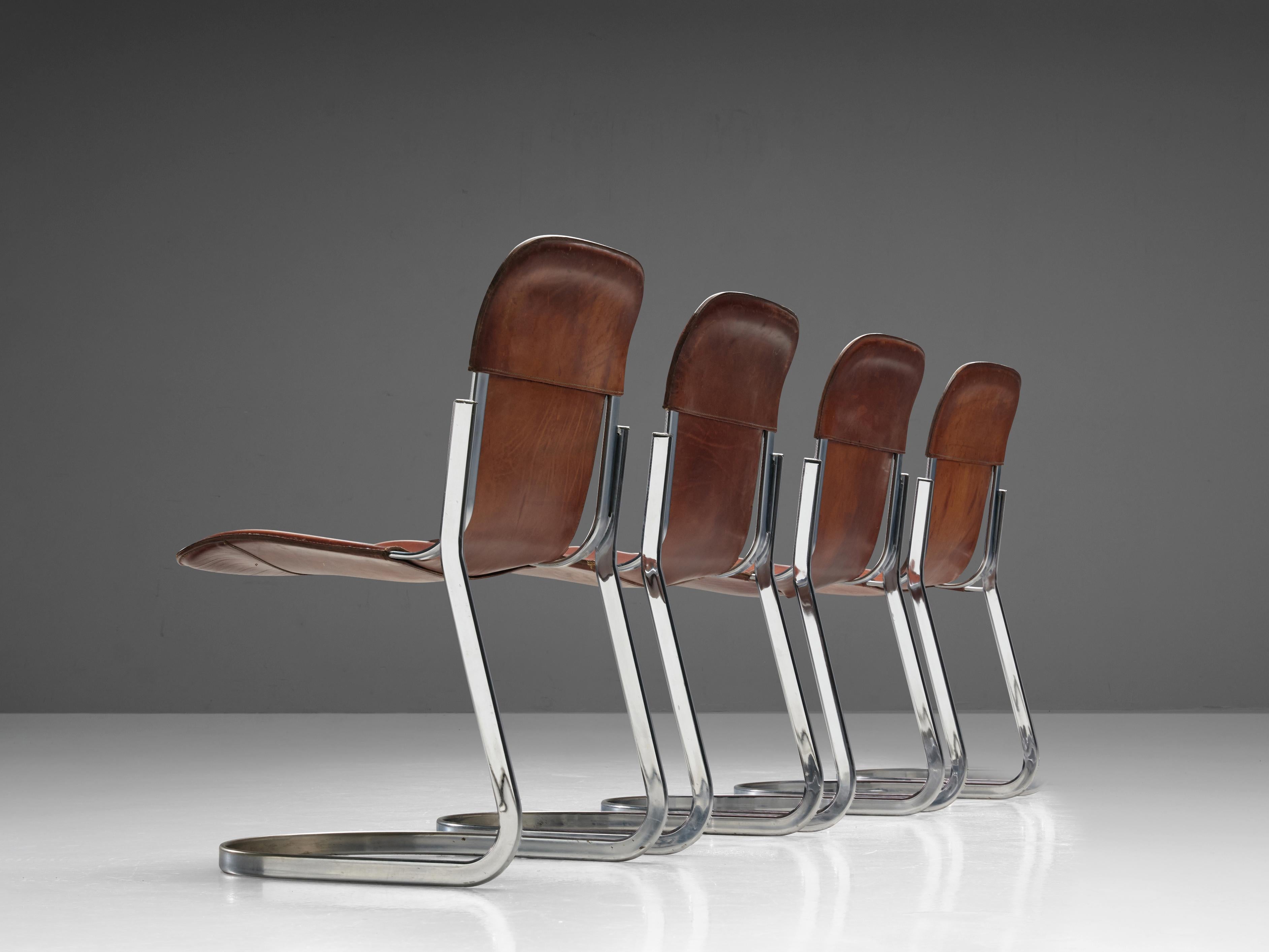 Italian Cidue Set of Four Dining Chairs in Cognac Leather