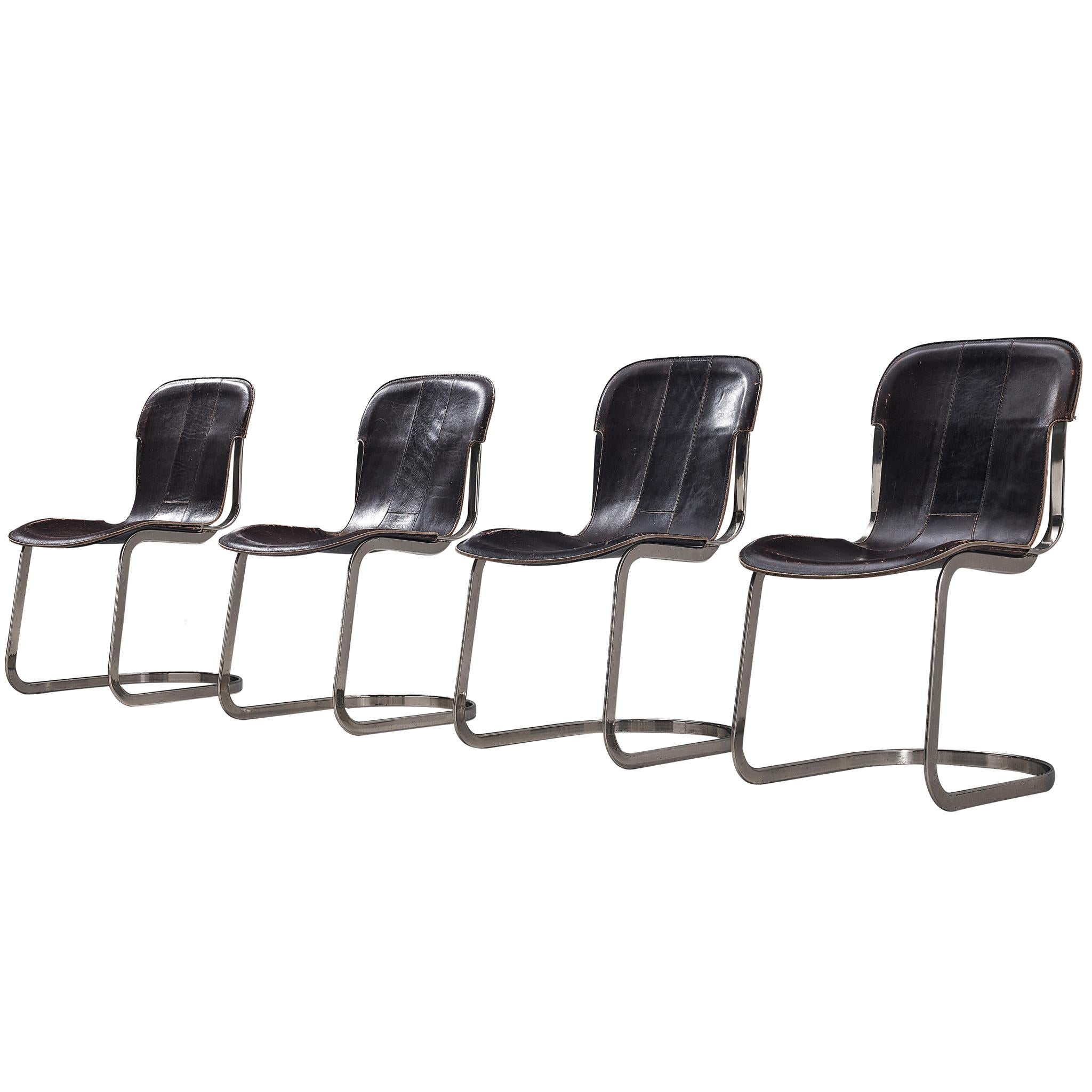 Cidue Set of Four Dining Chairs in Dark Brown Leather and Chrome
