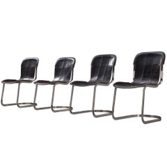 Cidue Set of Four Dining Chairs in Dark Brown Leather and Chrome