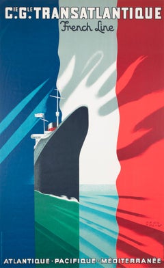 Cie Gle Transatlantique 1950s French Line Large Travel Poster Paul Colin