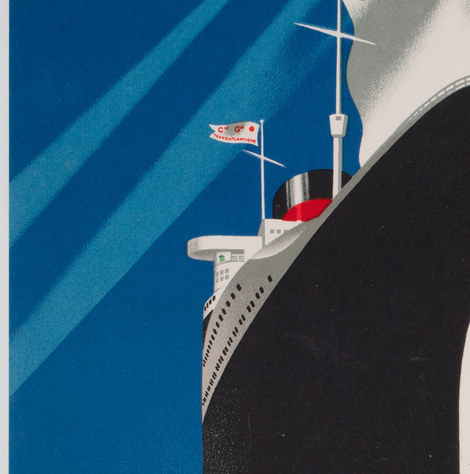 Linen Cie Gle Transatlantique 1950s French Line Travel Poster, Paul Colin For Sale