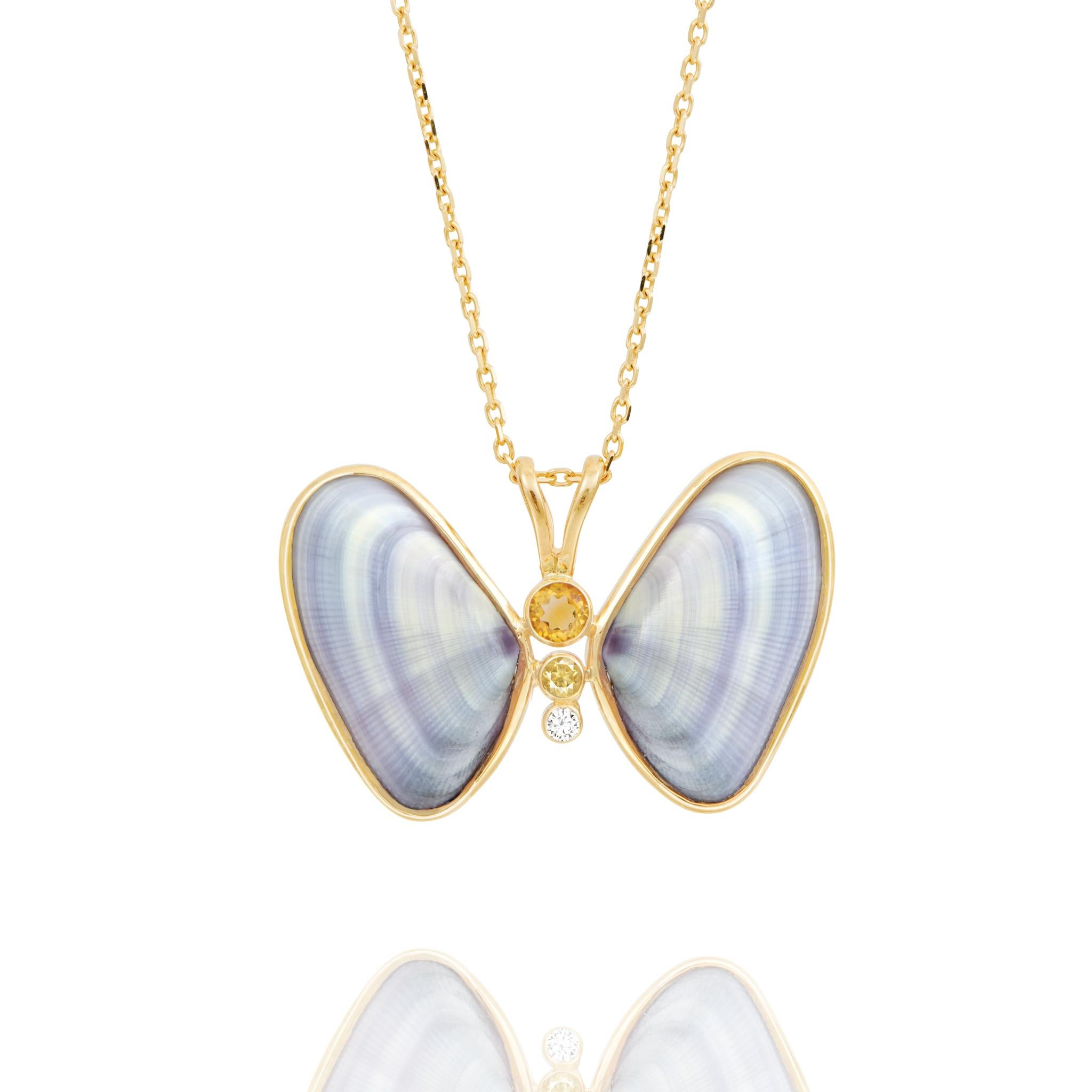 Modern Cielo Butterfly 14k Gold Necklace with Natural Diamond, Citrine & Natural Shell For Sale