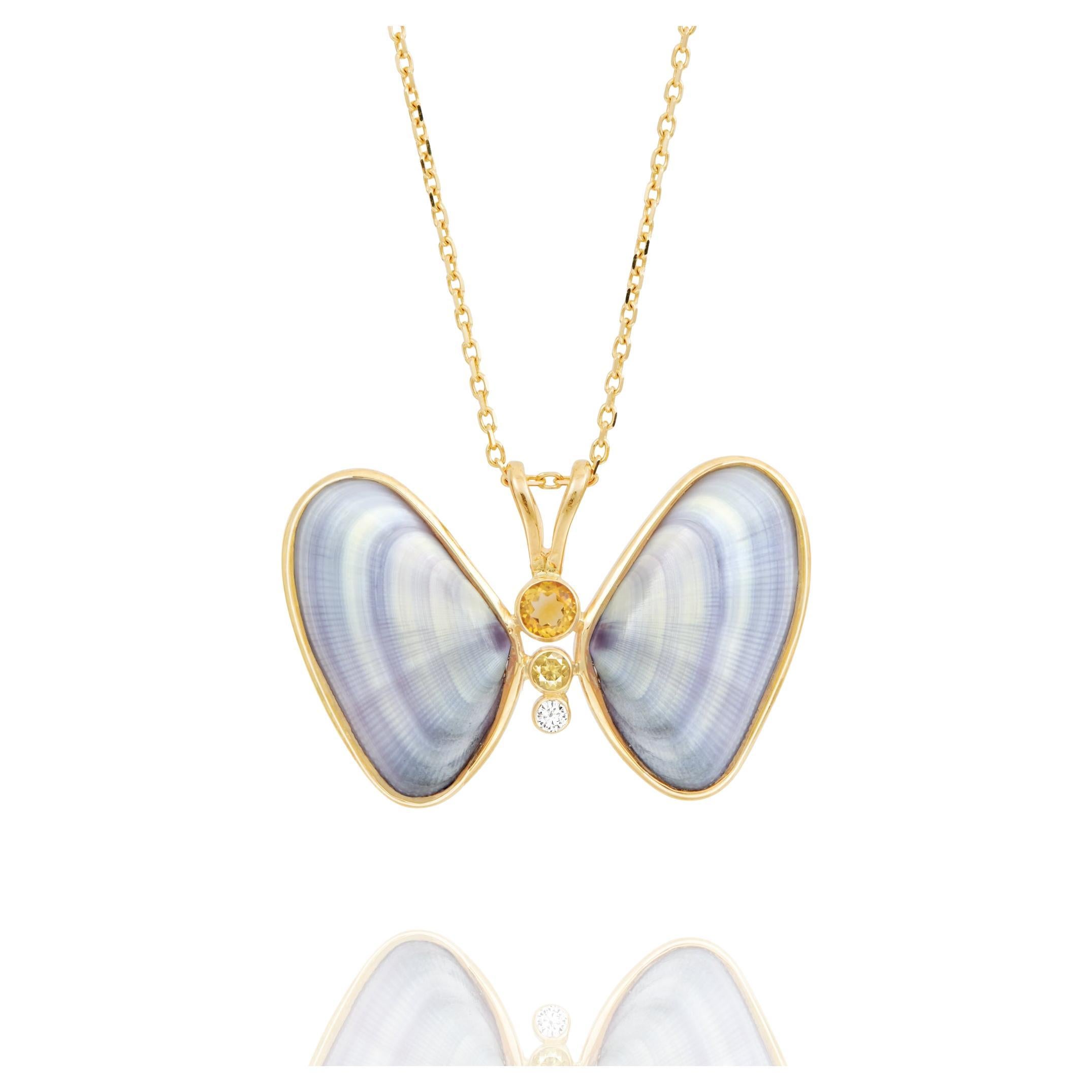 Cielo Butterfly 14k Gold Necklace with Natural Diamond, Citrine & Natural Shell For Sale