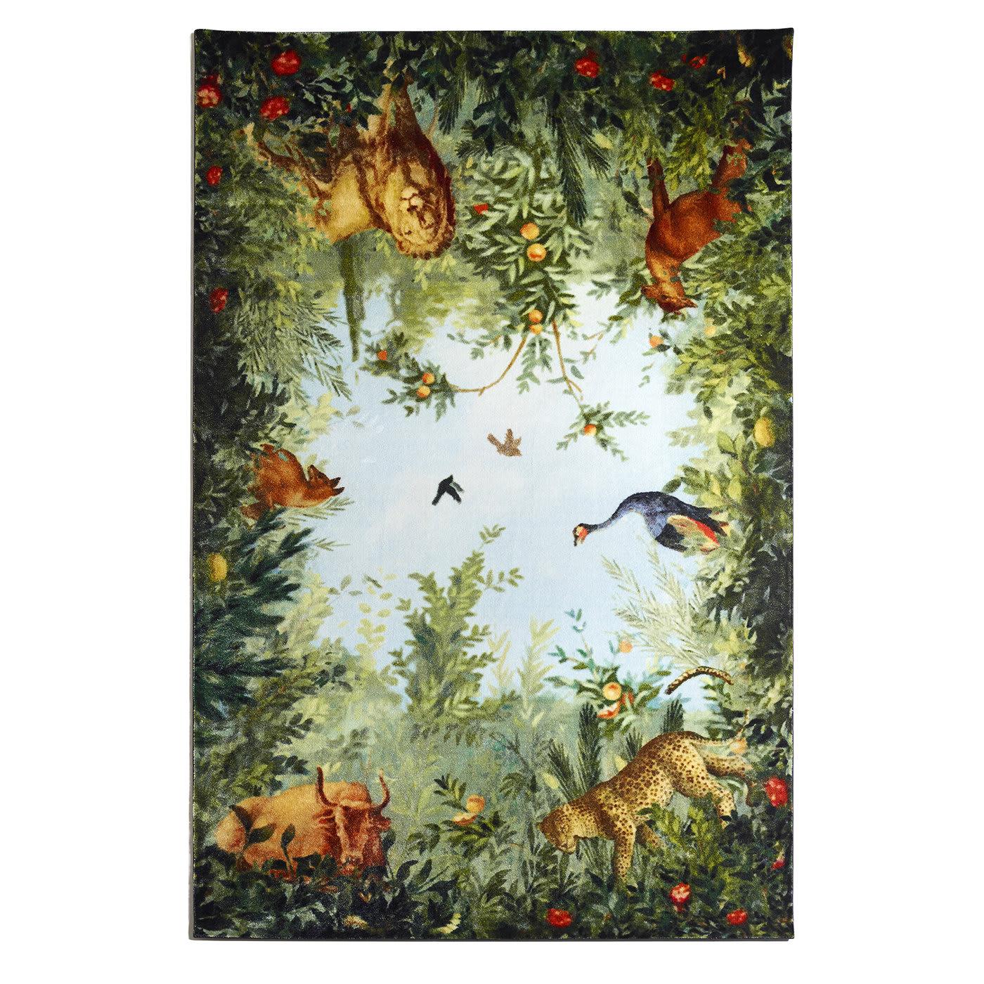 As a window to our world, this rug is a reinterpretation of the frescoes of the seventeenth century and showcase beautiful animals roaming through the jungle. The rugs are available in two sizes.