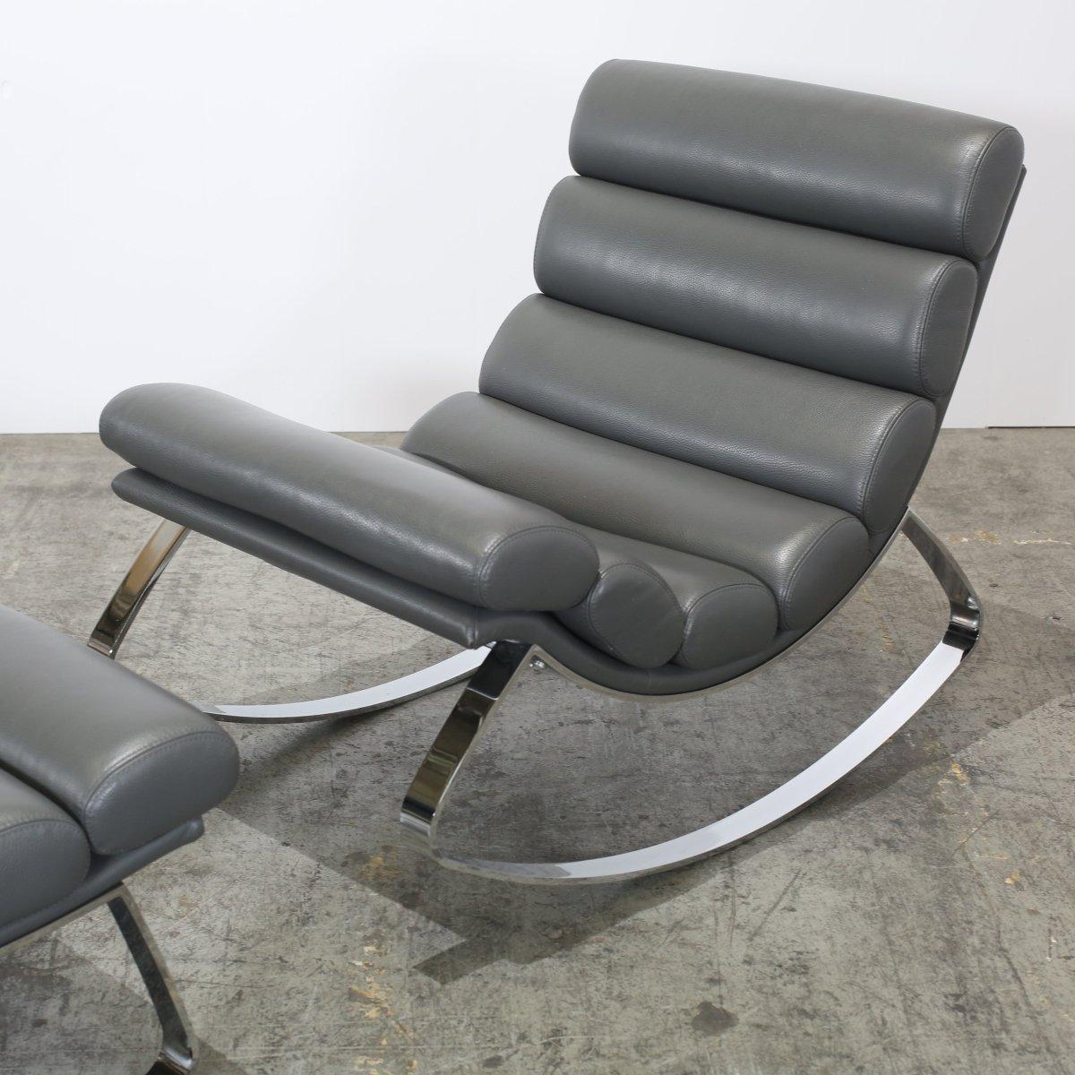 Metal Cierre Monet Leather Rocking Chair & Footstool For Sale