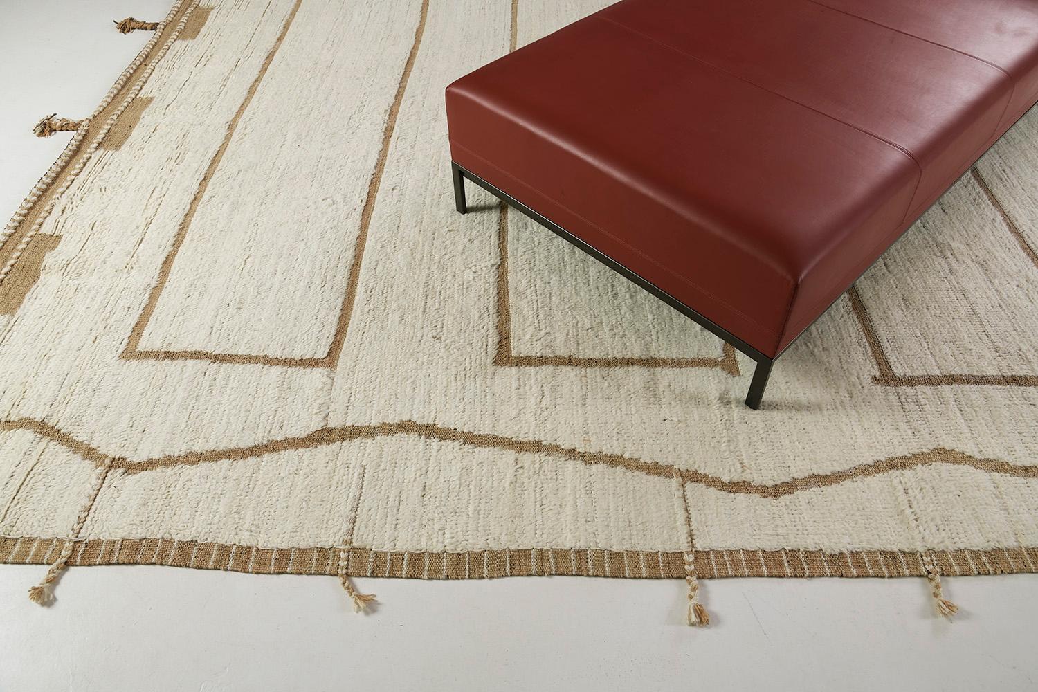 Cierzo is a signature collection of California. Handwoven luxurious wool rug, made of remarkable design elements through brown and gold tones. Haute Bohemian collection: designed in Los Angeles named for the winds knitting together seasons, trees,