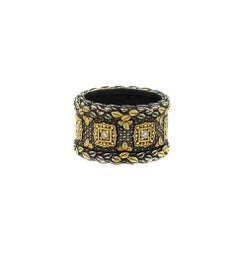 Stambolian Aged Sterling Silver 18K Gold Diamond Wide Cigar Band Ring