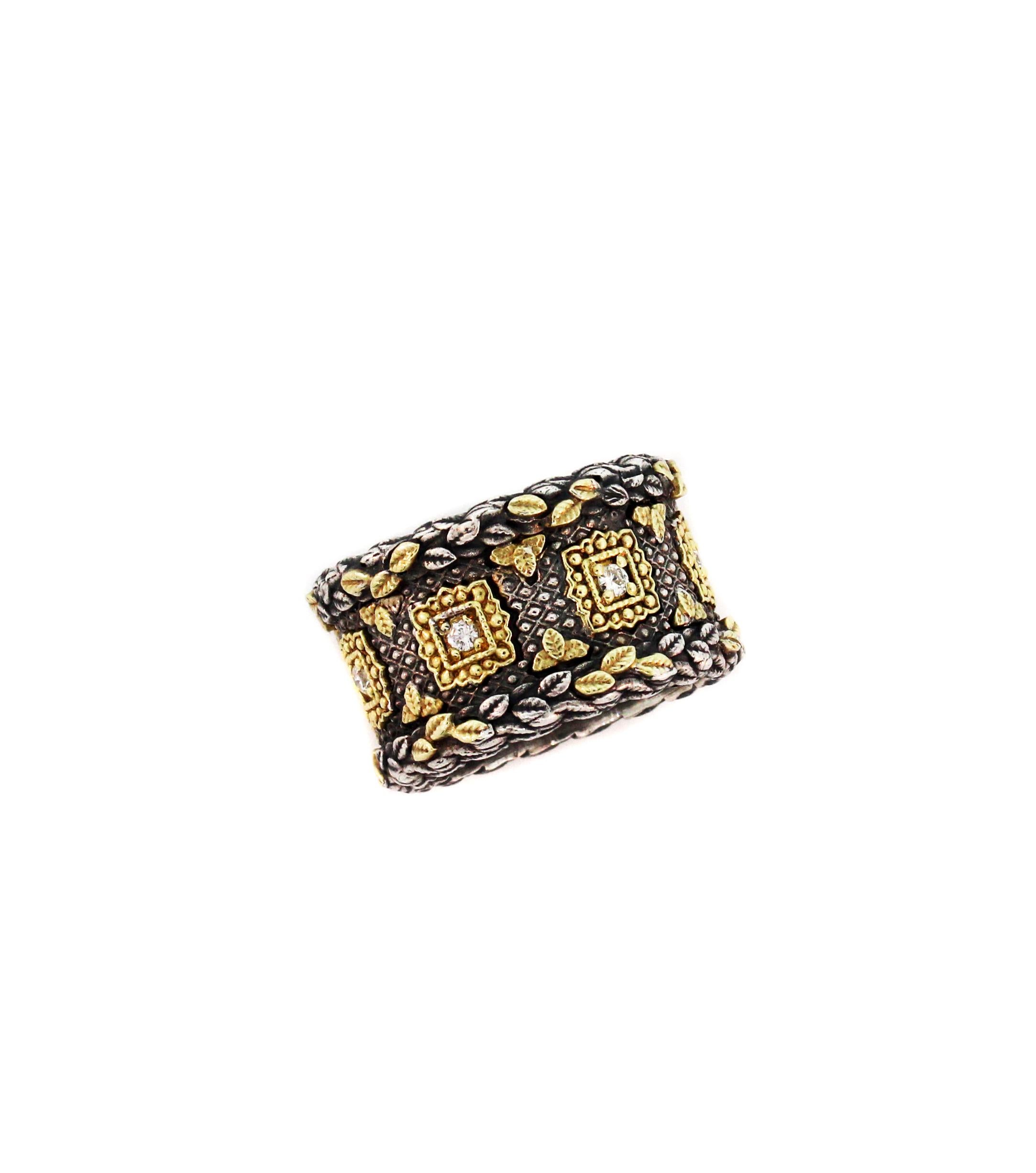 Round Cut Stambolian Aged Sterling Silver 18K Gold Diamond Wide Cigar Band Ring For Sale