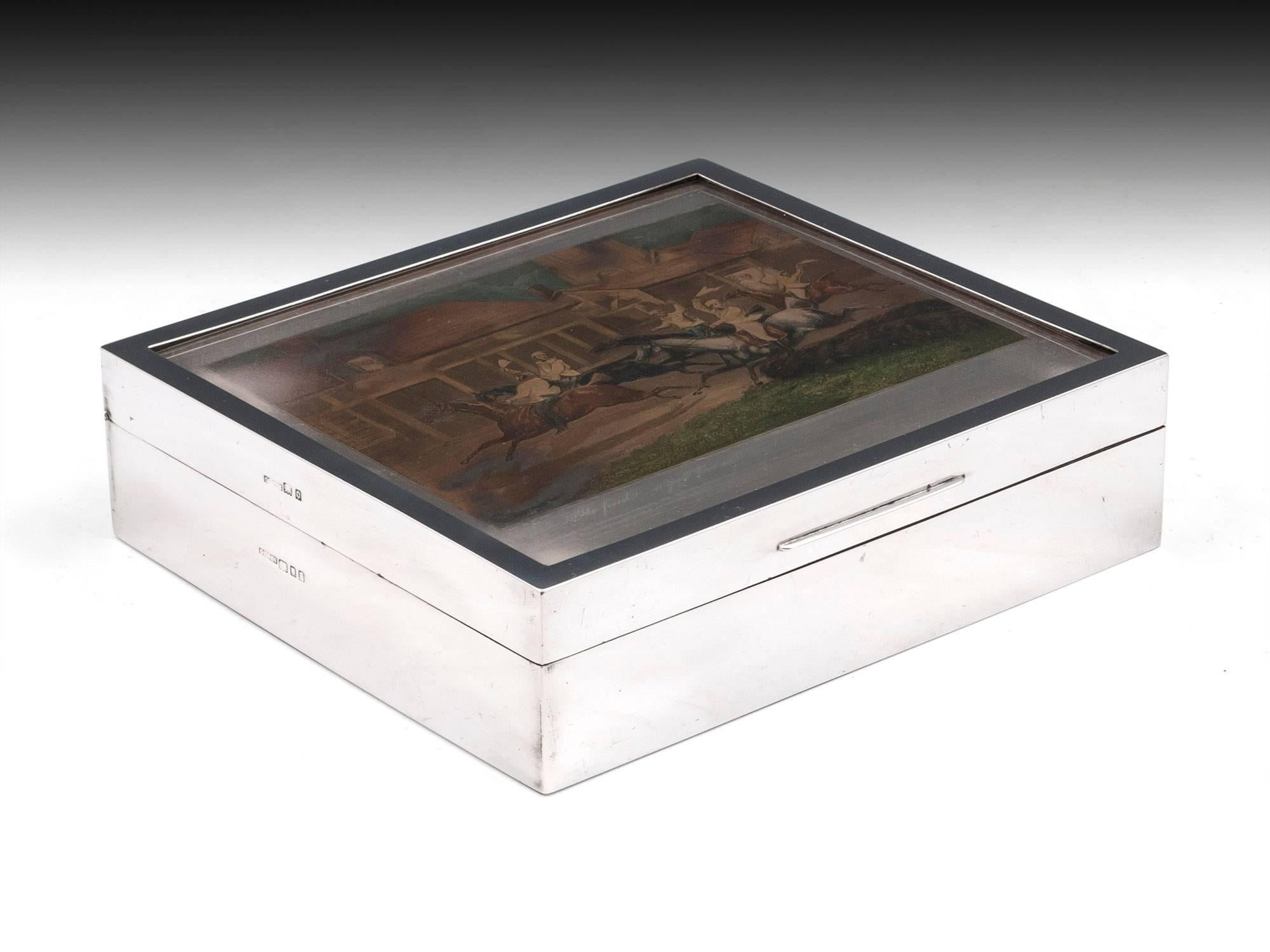 British Cigar Humidor Box Sterling Silver Horse Racing Steeple Chase Art Deco For Sale