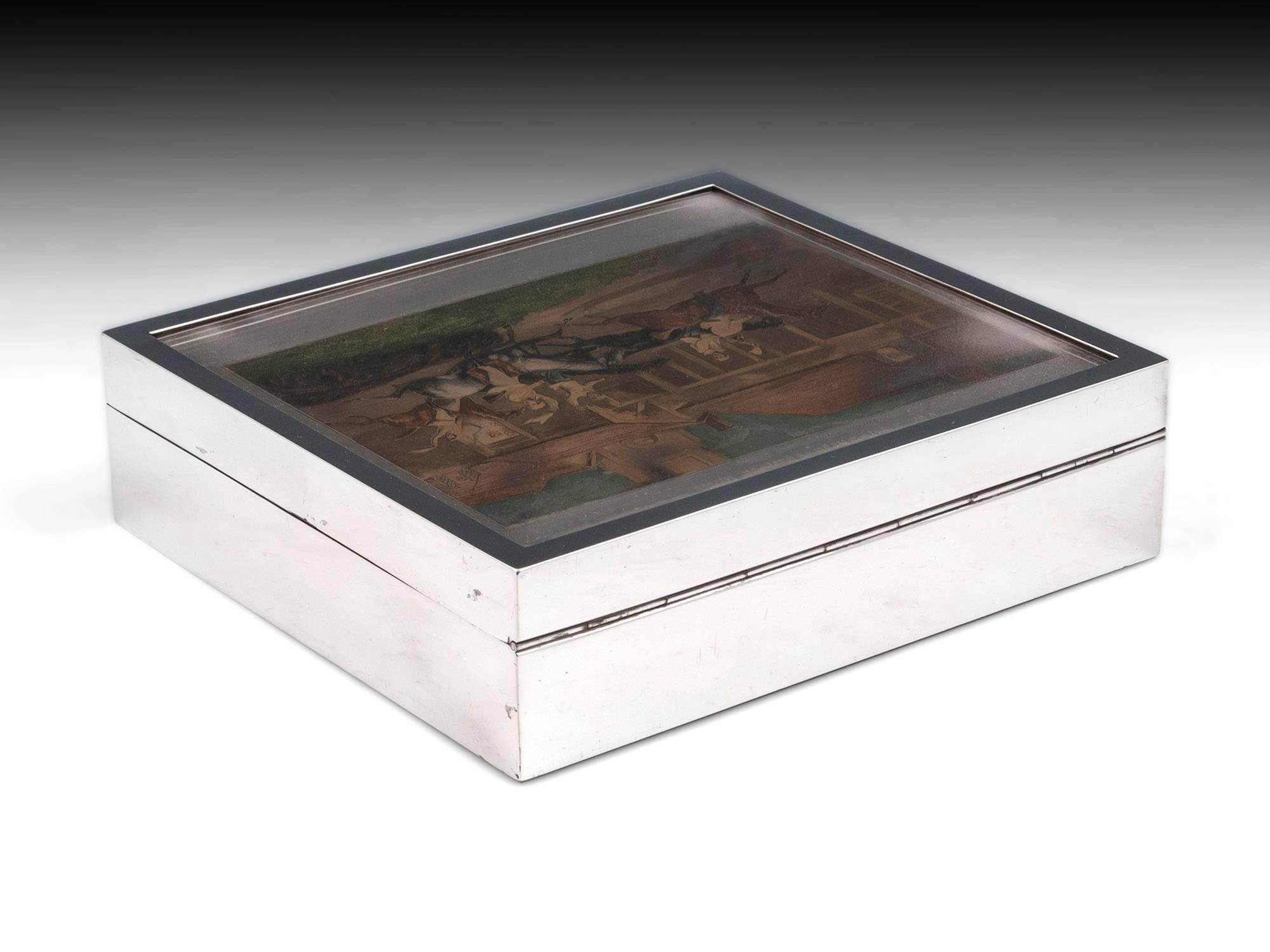 20th Century Cigar Humidor Box Sterling Silver Horse Racing Steeple Chase Art Deco For Sale