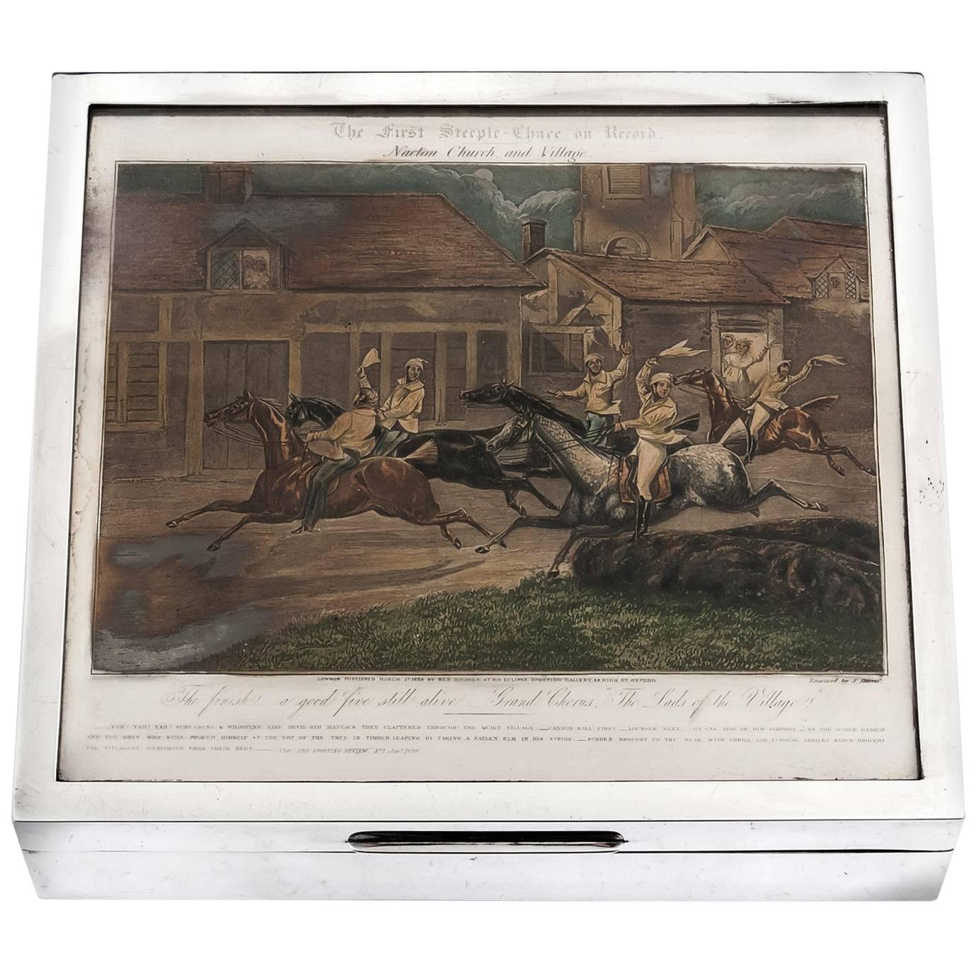 Cigar Humidor Box Sterling Silver Horse Racing Steeple Chase Art Deco For Sale