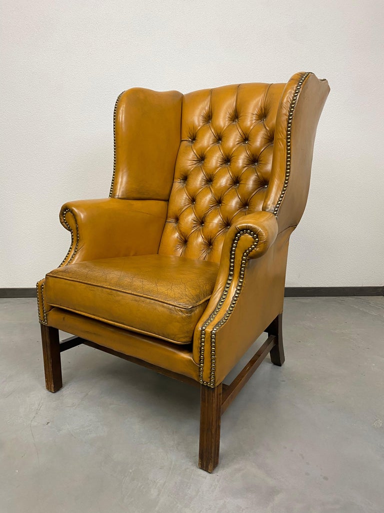 Cigar Brown Leather Victorian Chesterfield Wingback Armchair For Sale