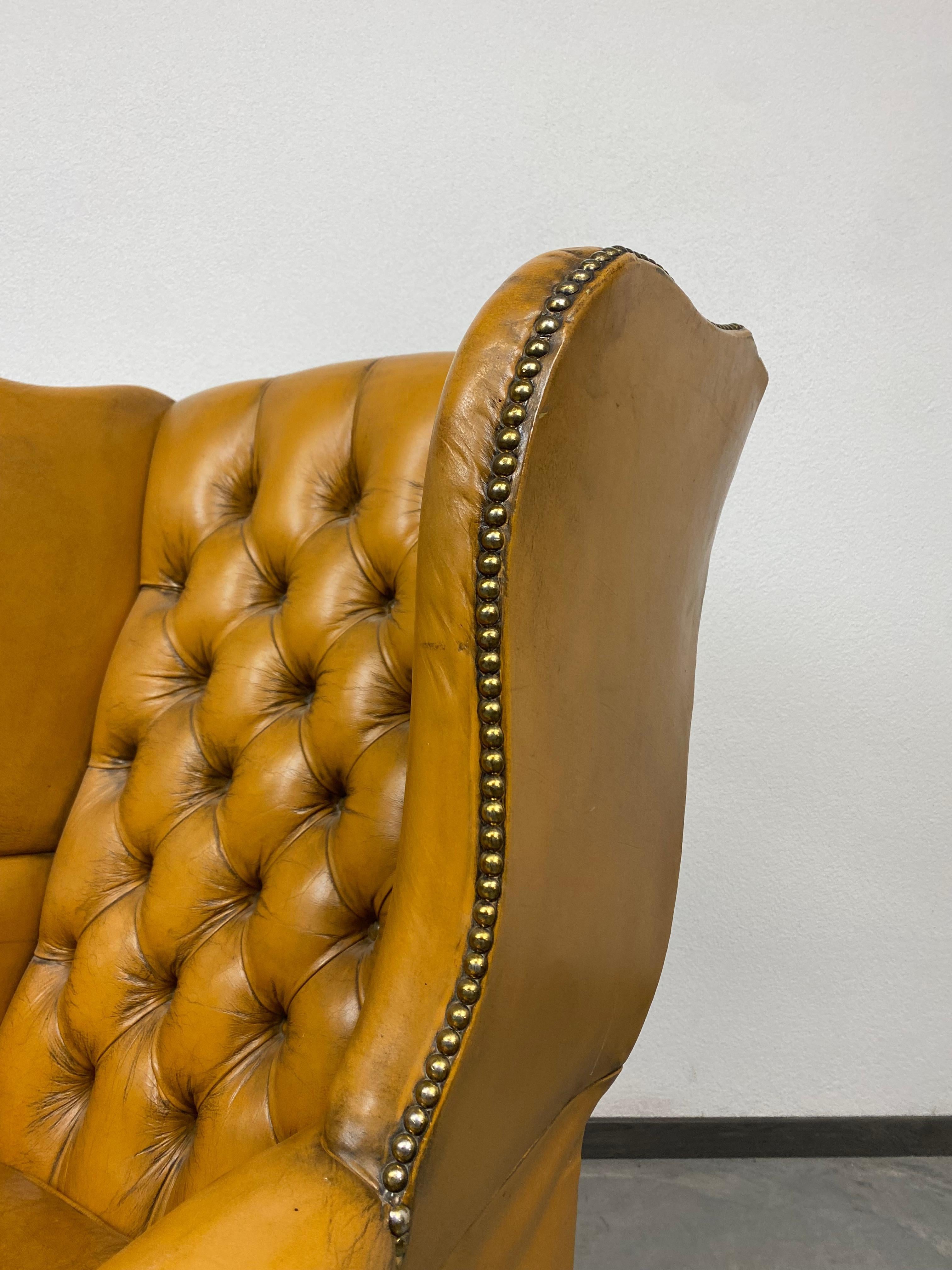 Late 20th Century Cigar Brown Leather Victorian Chesterfield Wingback Armchair